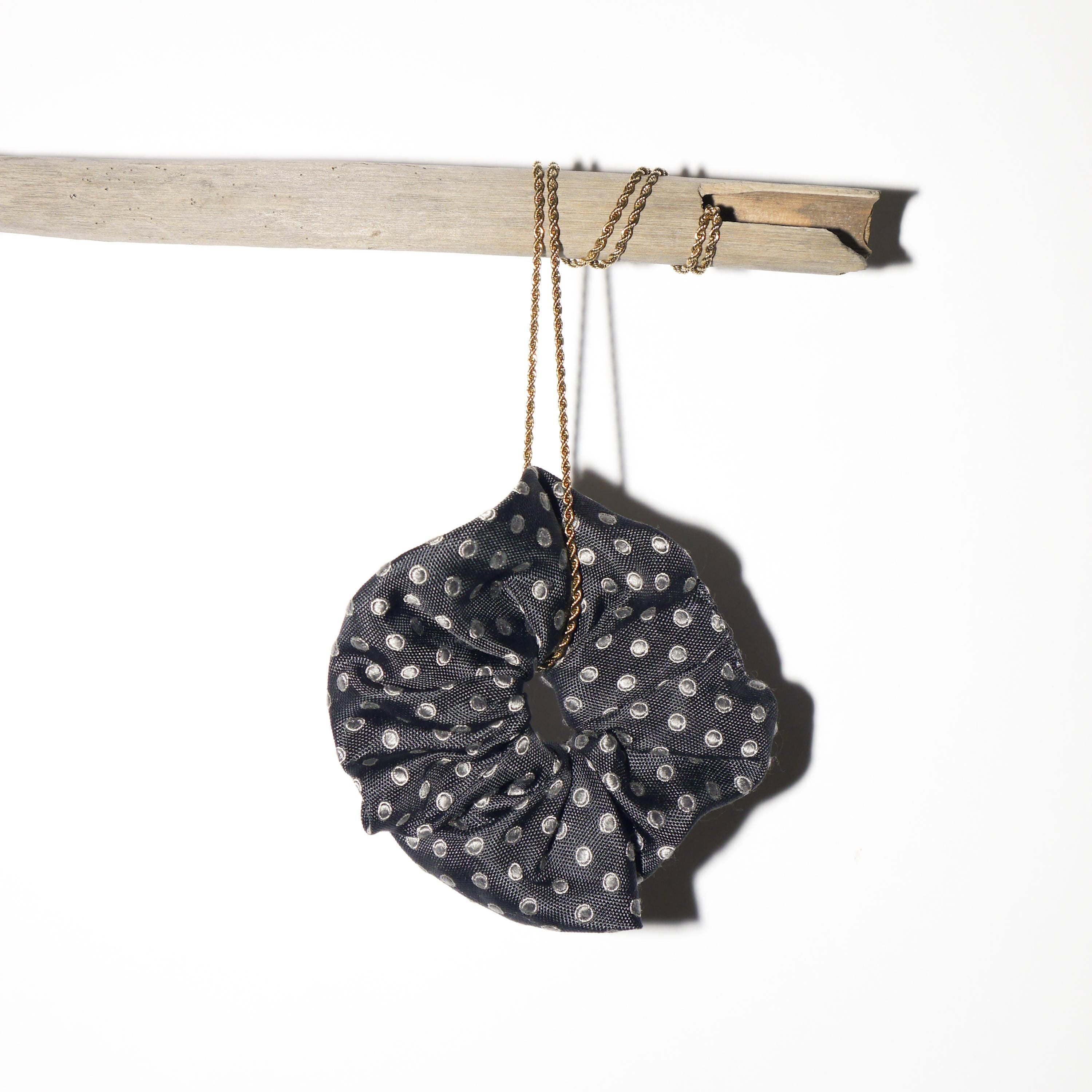 Handmade 100% Silk Scrunchie from Vintage 1980s Tie by MODOPOL - Dark Gray in Polka Dots