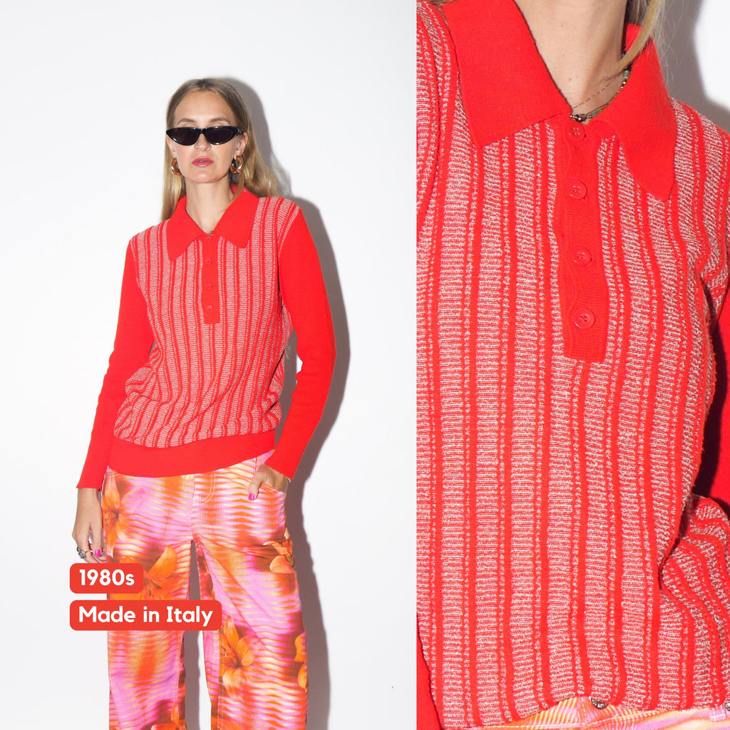VINTAGE Red Neon Polo Sweater With Stripe Pattern And Long Sleeves From The 1970s (Made In Italy)