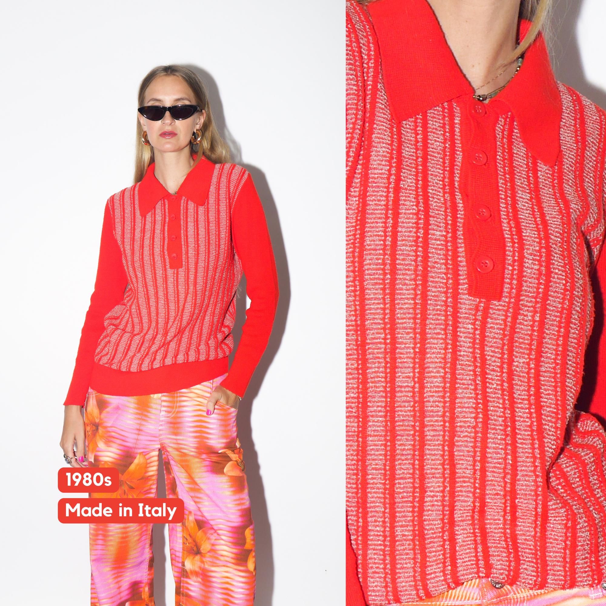 VINTAGE Red Neon Polo Sweater With Stripe Pattern And Long Sleeves From The 1970s (Made In Italy)
