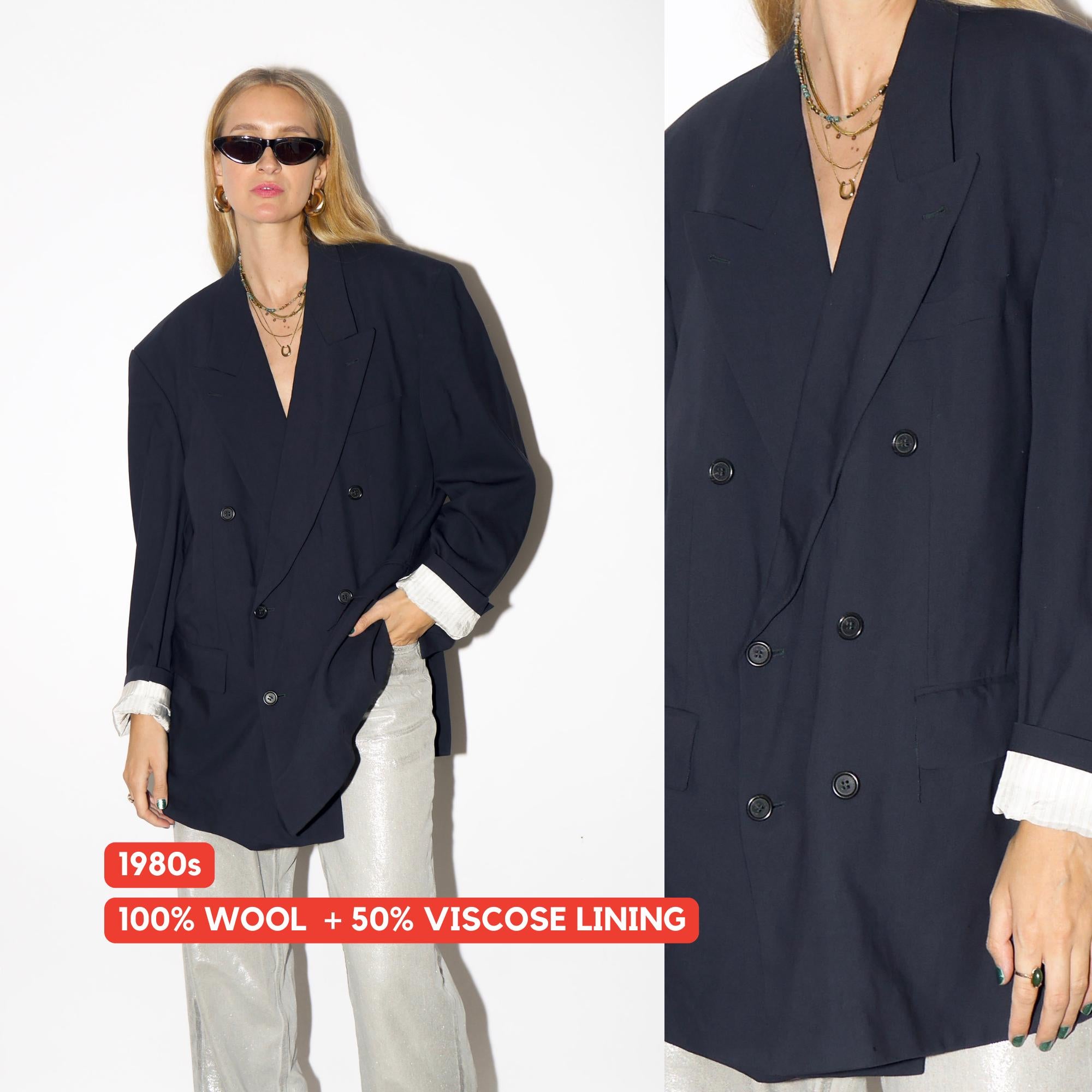 1980s Graphite Wool Blazer - Vintage Double-Breasted Oversize Blazer with Shoulder Pads by Finkmann Excl, Retro Fashion Clothing for Women
