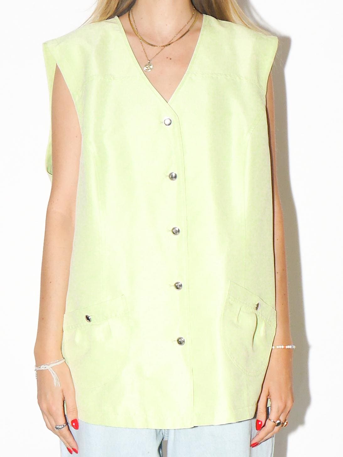 VINTAGE Neon Pistachio Green Statement Vest With Metal Buttons From The 1980s