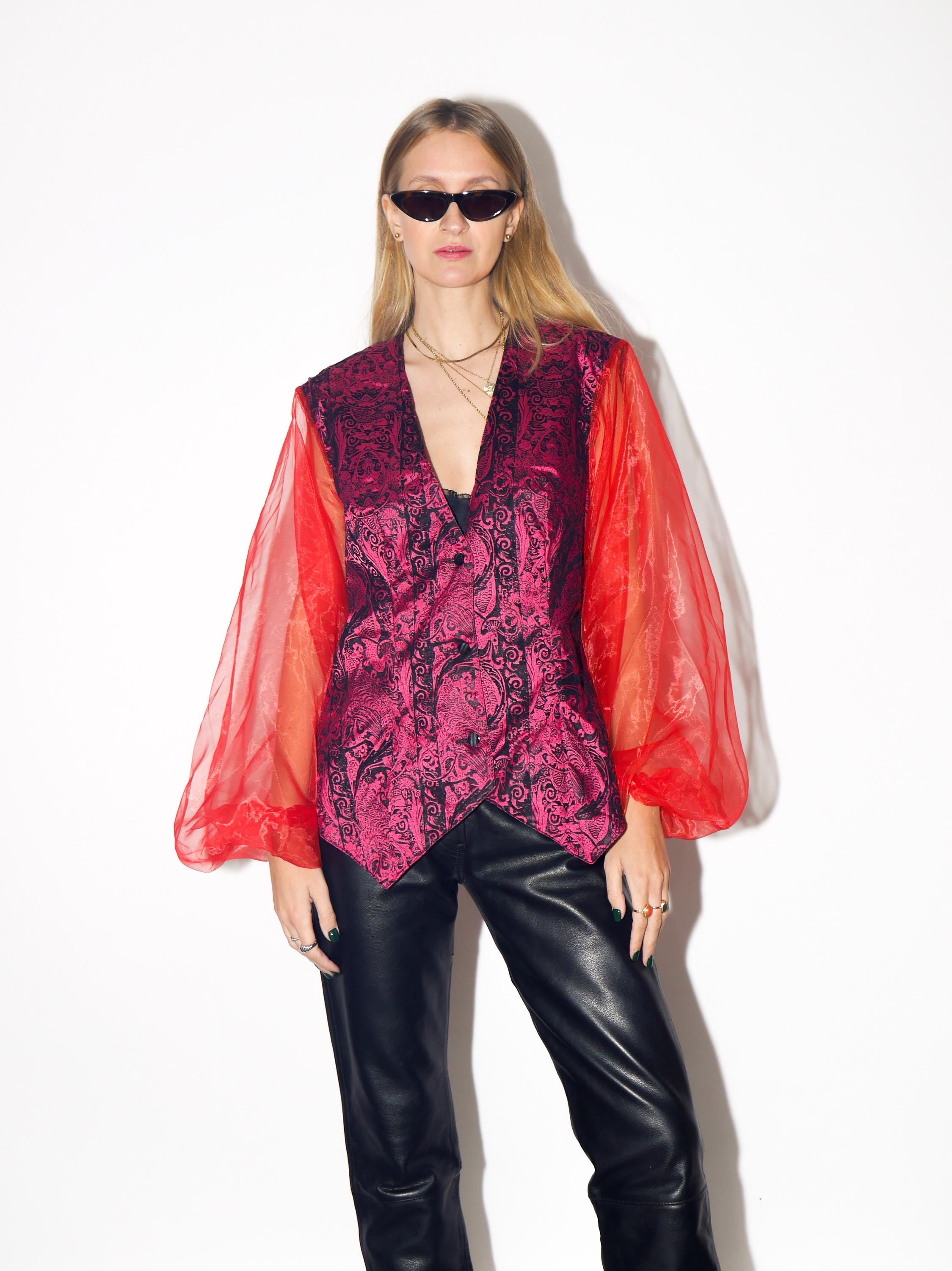 VINTAGE Black And Pink Velvet Oversized Blouse With Sheer Red Sleeves From The 1980s By Fiorina