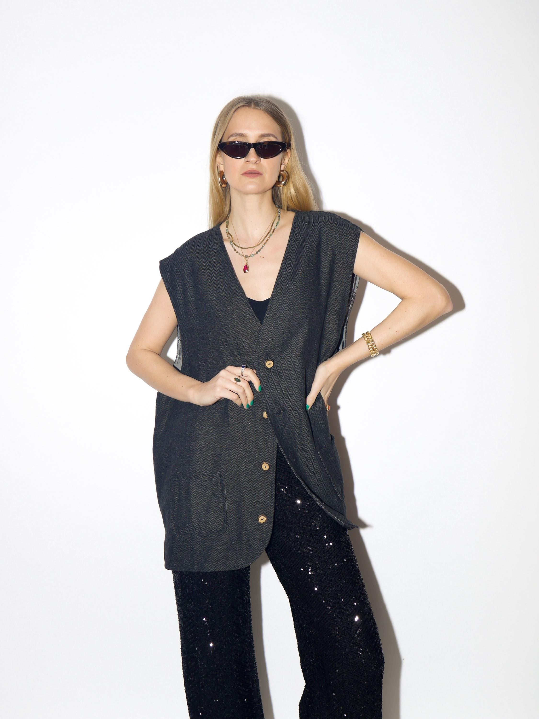 VINTAGE wool gray vest from 1980s in oversize fit with silky viscose lining
