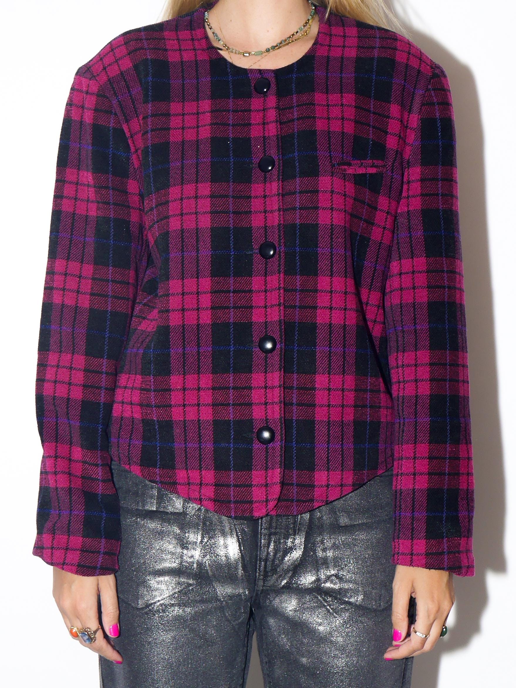 VINTAGE Wool Magenta And Black Checked Asymmetric Blazer With Shoulder Pads From The 1980s By City Design