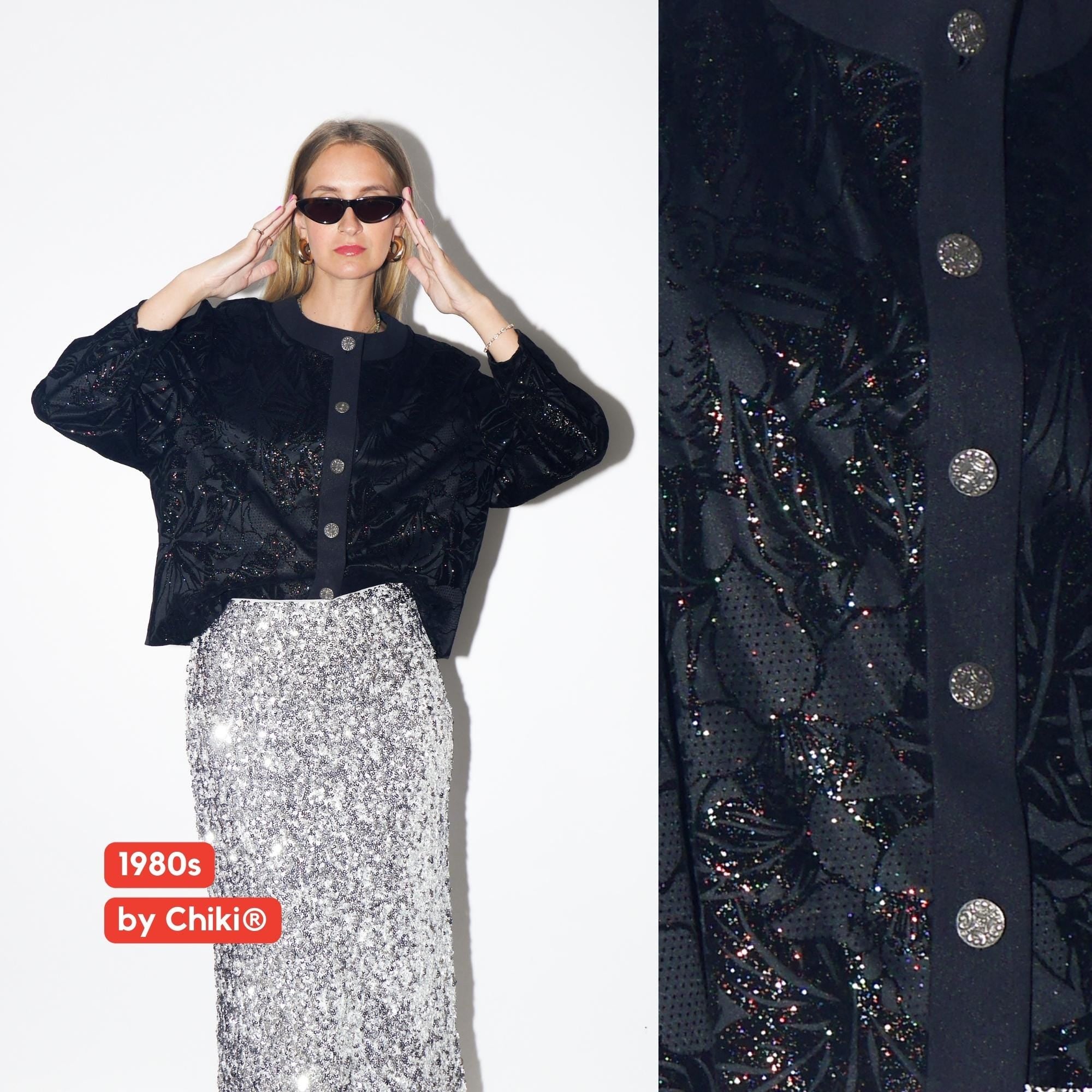 VINTAGE Black Cropped Velvet-Patterned Blazer With Rainbow Glitter Leaf Print And Decorative Buttons From The 1980s By Chiki