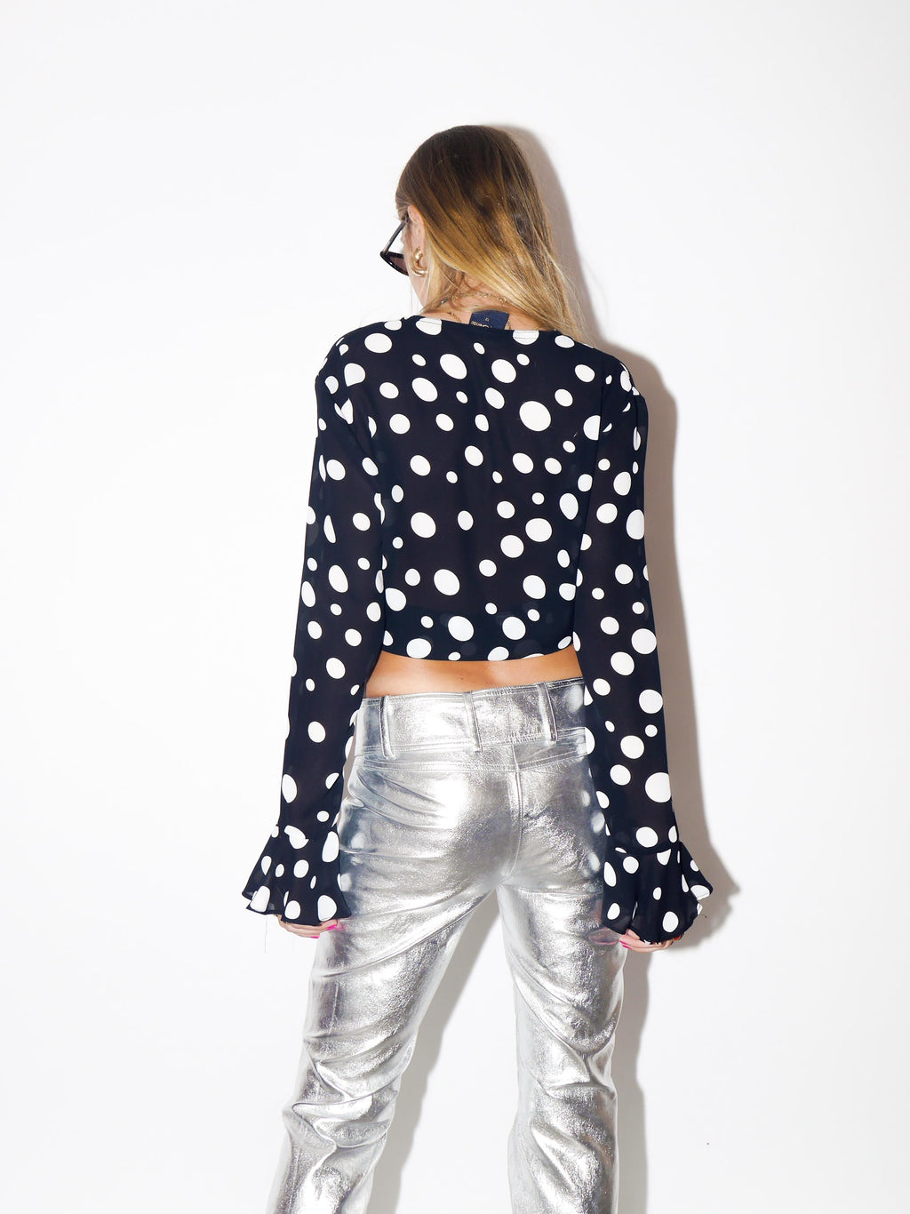 VINTAGE Black Sheer Cropped Tie Blouse With White Polka Dots And Ruffle Cuffs From The 1980s By The Sixth Sense