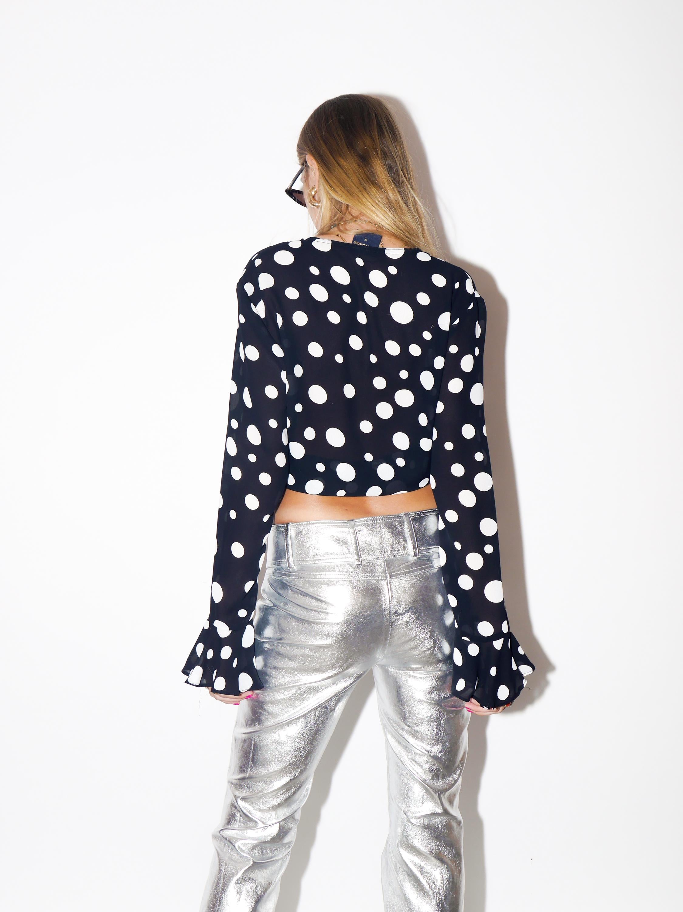 VINTAGE Black Sheer Cropped Tie Blouse With White Polka Dots And Ruffle Cuffs From The 1980s By The Sixth Sense