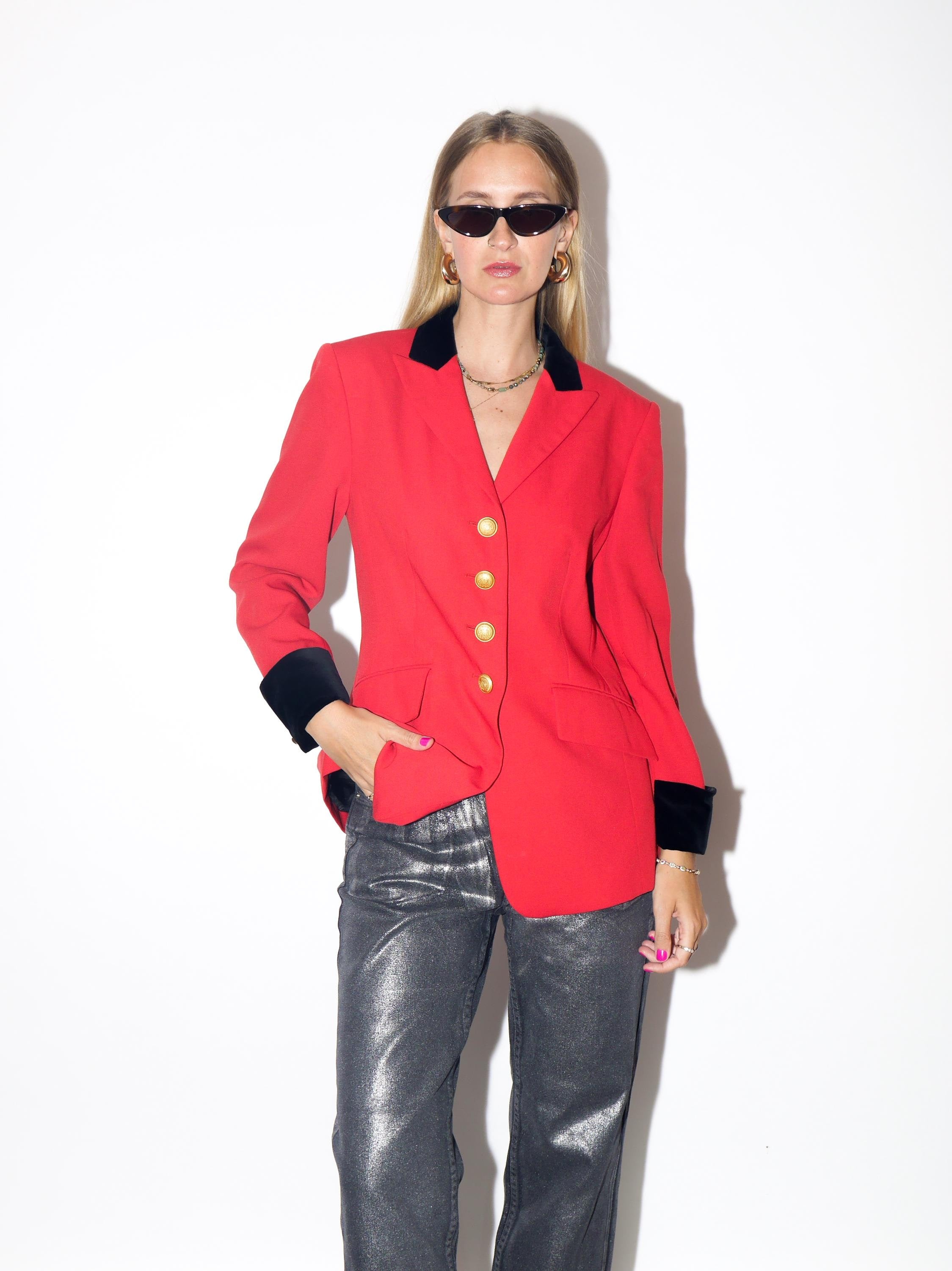 VINTAGE Wool Red Blazer With Black Velvet Cuffs And Collar And Gold Metal Buttons From The 1980s By Mondi