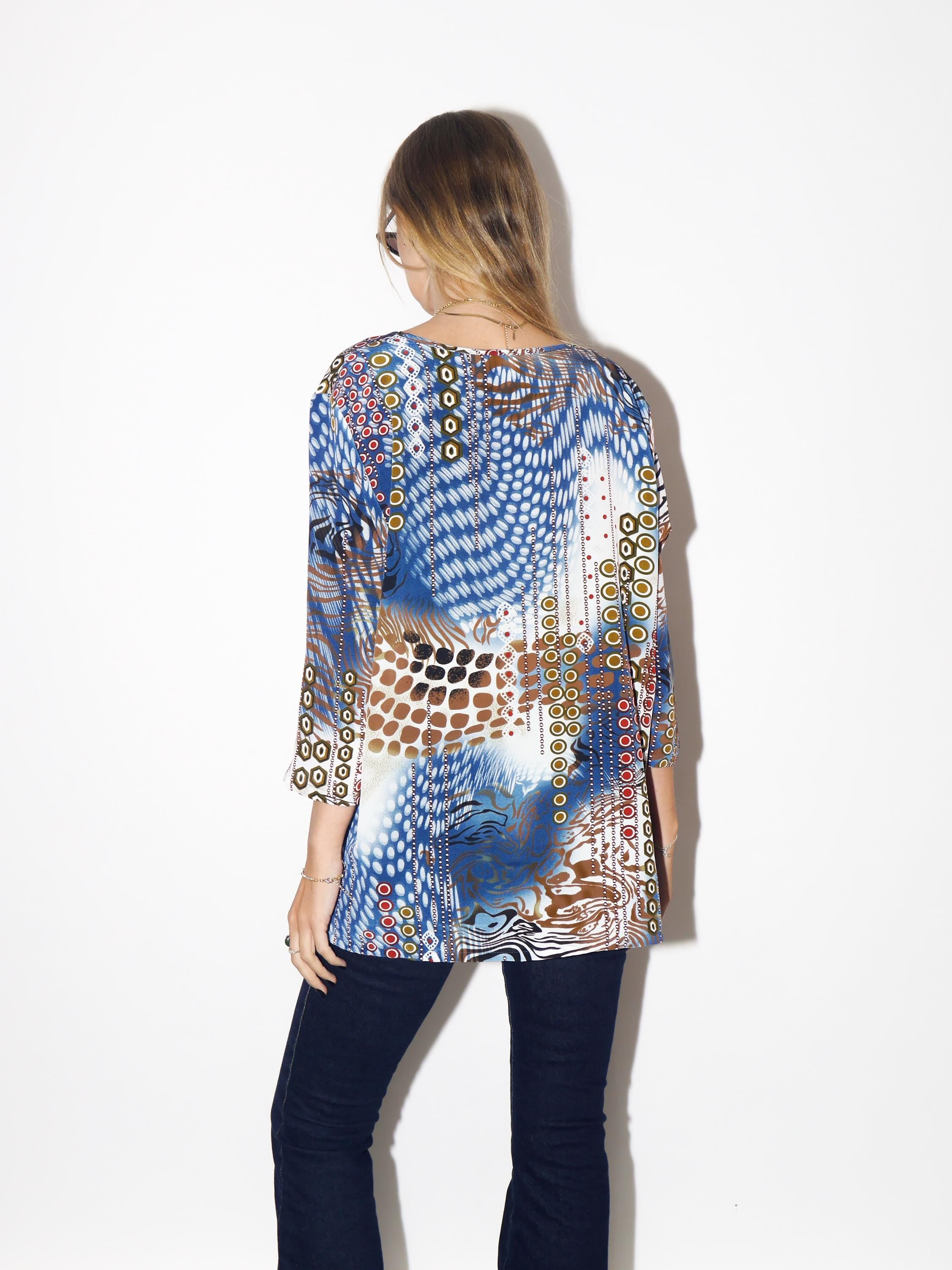 VINTAGE Abstract Print Oversized Blouse From The 1980s With Blue Brown And White Animal Pattern