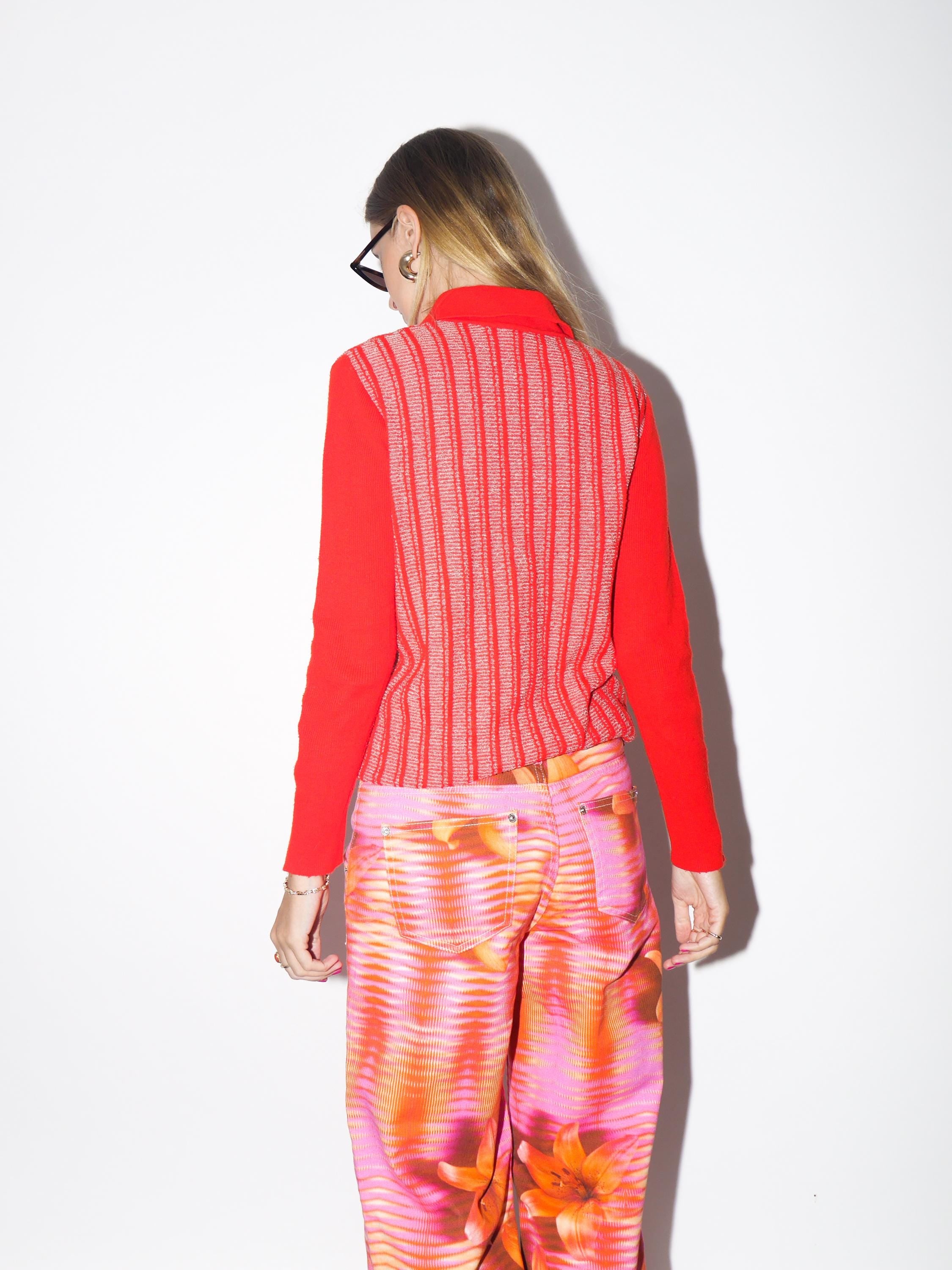 VINTAGE Red Neon Polo Sweater With Stripe Pattern And Long Sleeves From The 1970s (Made In Italy)