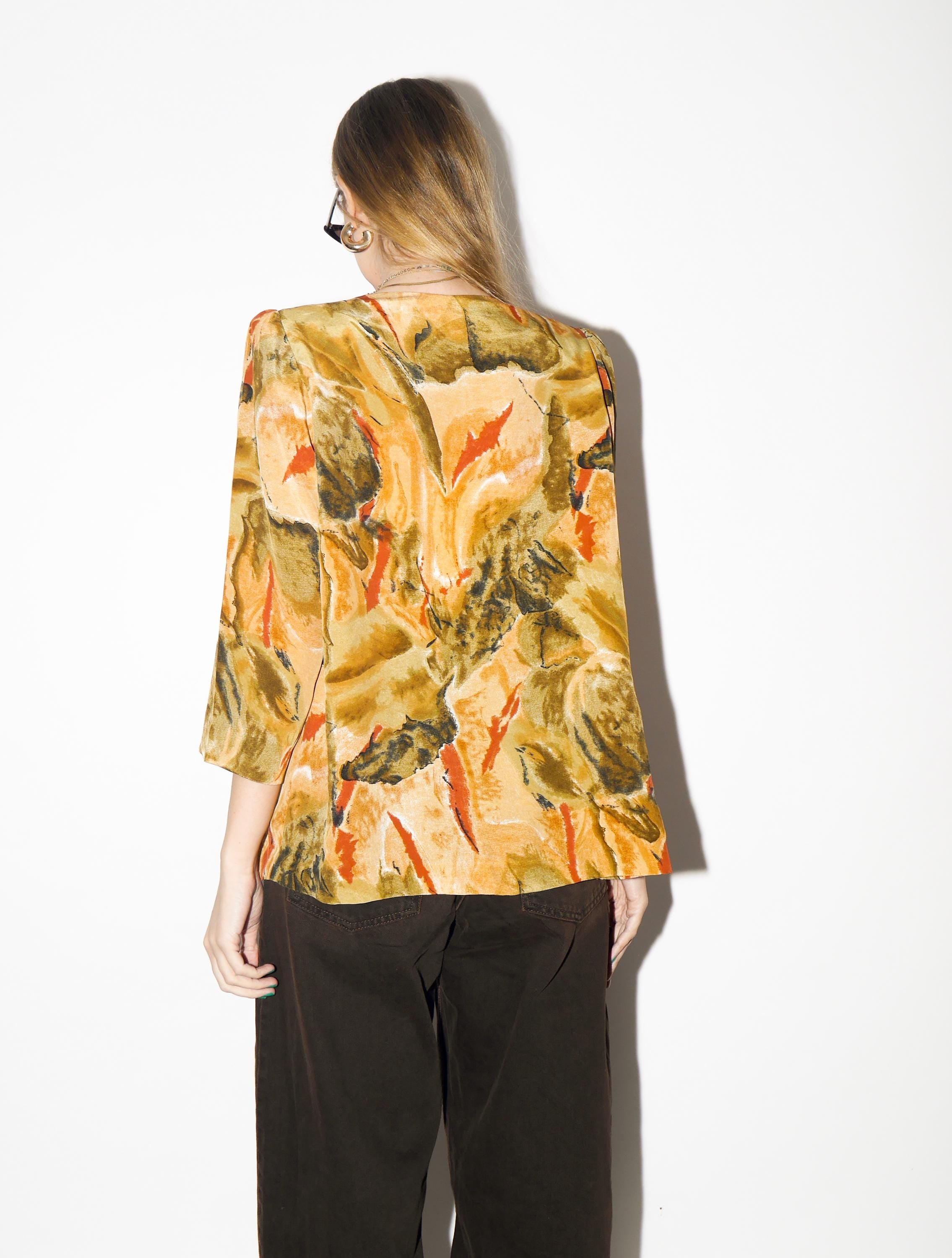 VINTAGE Yellow Abstract Blouse from 1980s | Open Front Flowy Orange Blouse