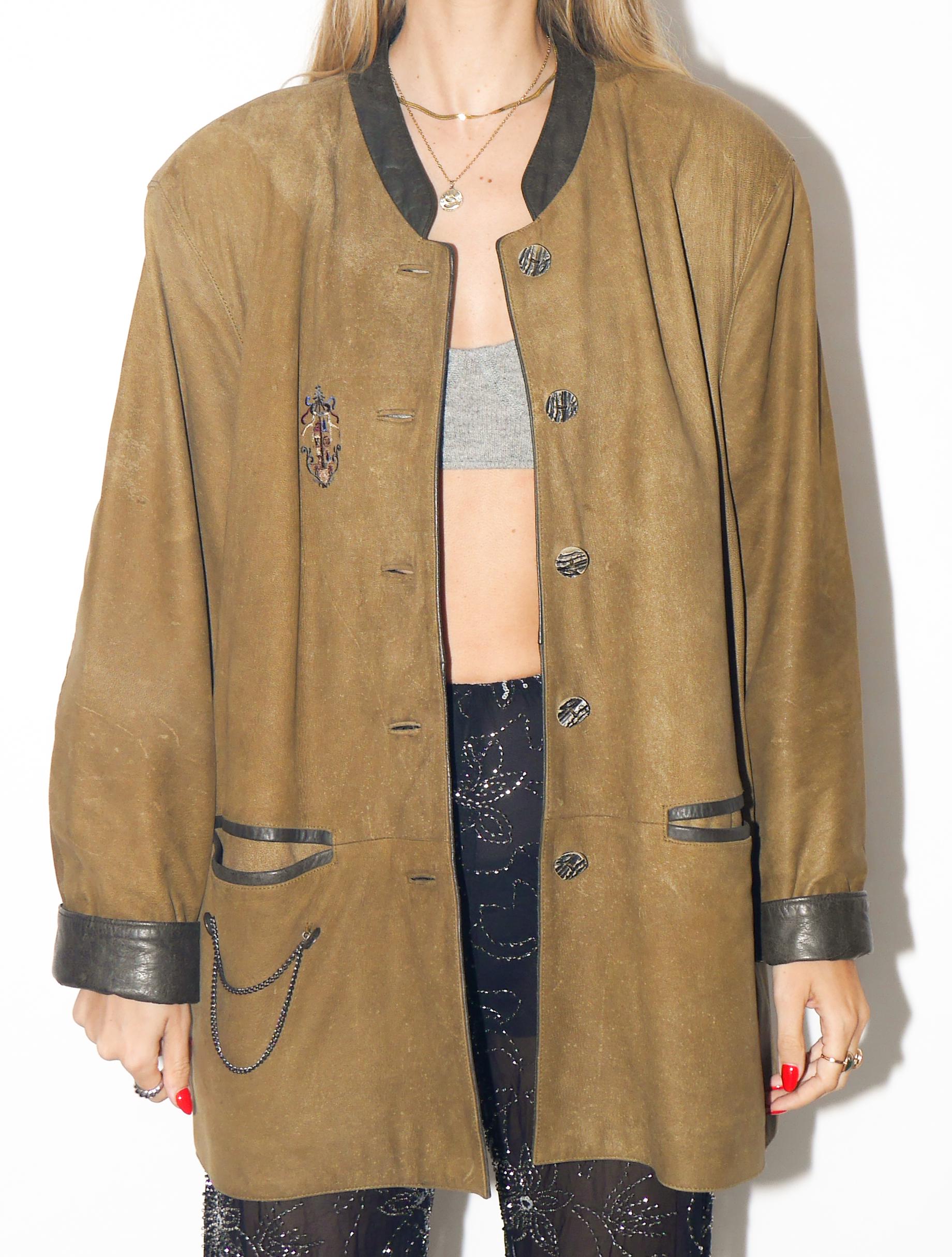 VINTAGE Khaki Brown Matte Leather Jacket With Embroidery From The