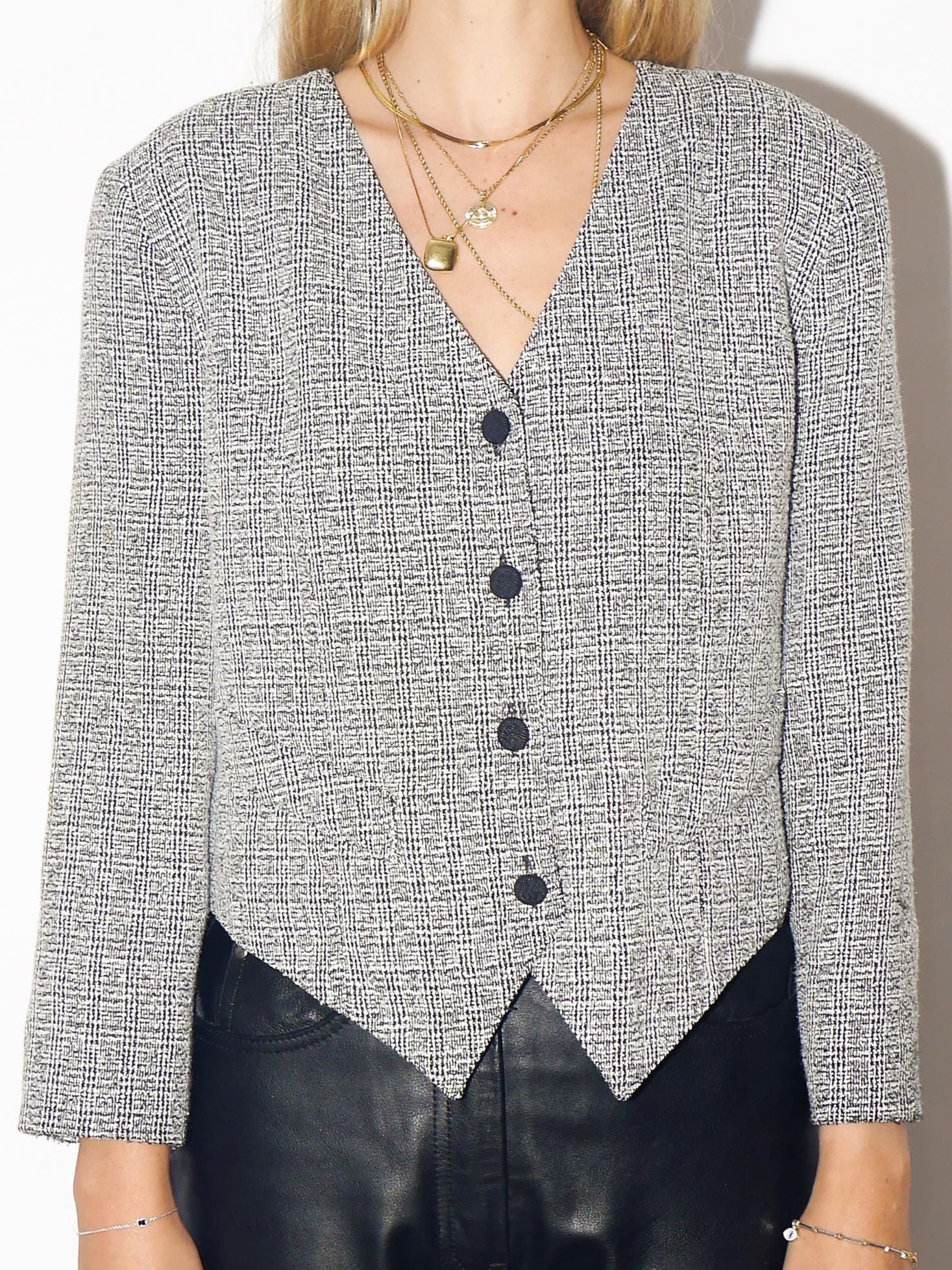 VINTAGE Black And White Checked Viscose Blend Cropped Blazer From The 1980s By Orsay