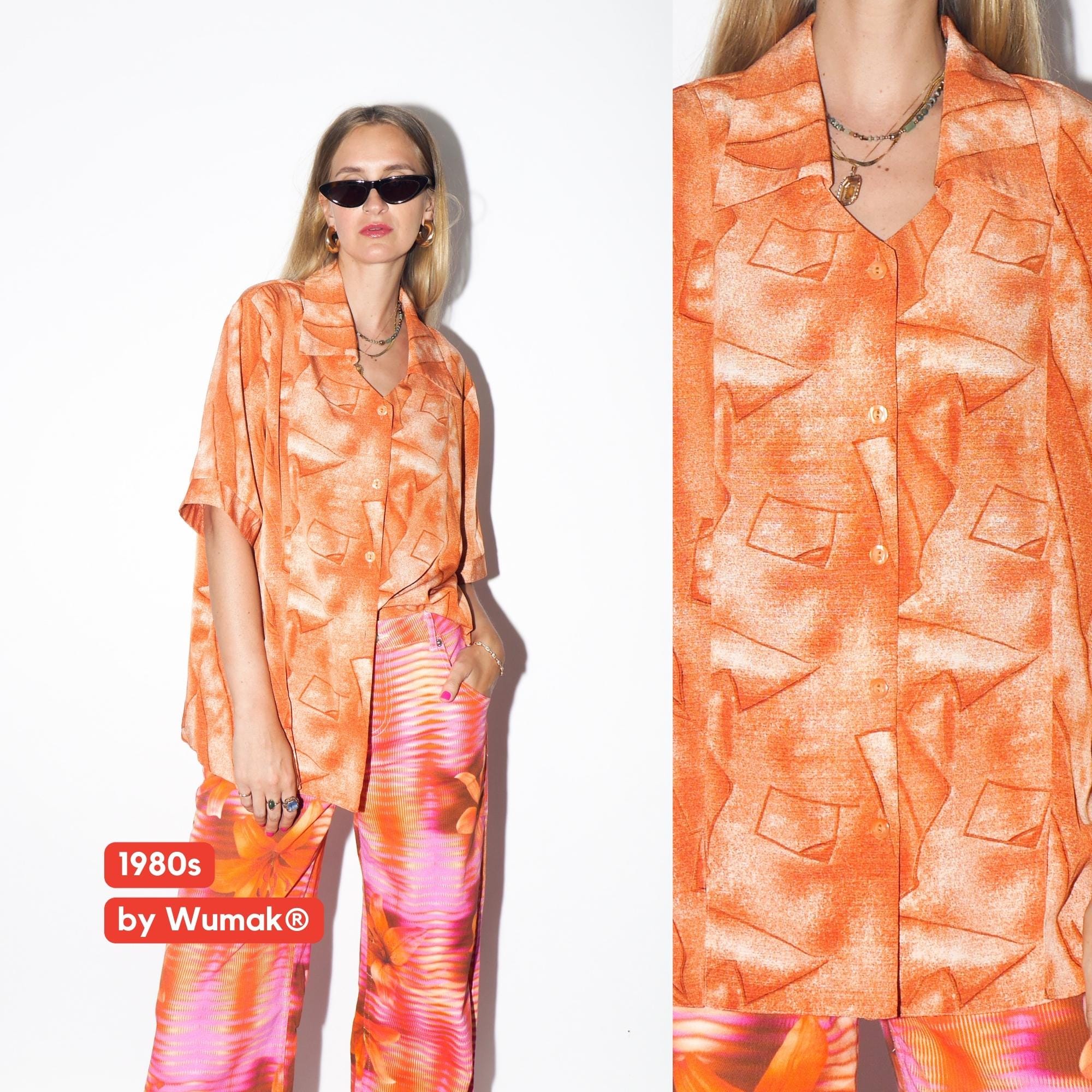 VINTAGE Oversized Orange Abstract Short Sleeve Shirt With Statement Collar And Unique Neckline From The 1980s By Wumak