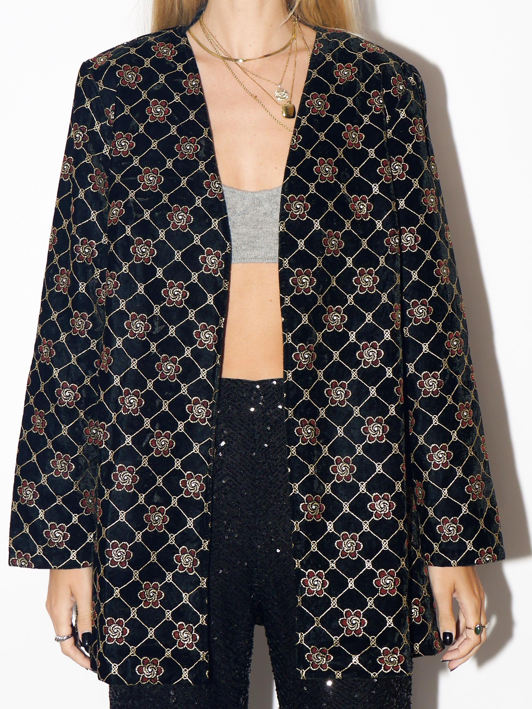 VINTAGE Black Velvet Oversized Blazer With Gold And Red Floral Embroidery From The 1980s By Designer Wear