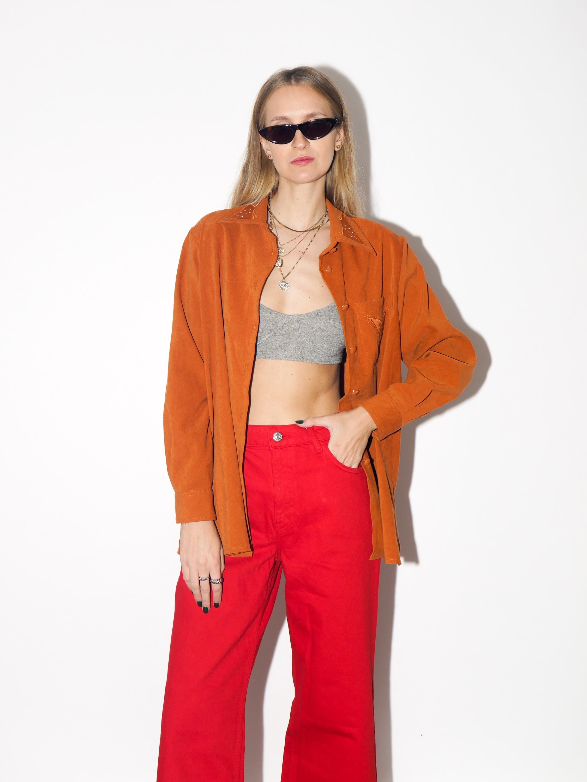 VINTAGE Rust Orange Embroidered Button Down Blouse From The 1980s