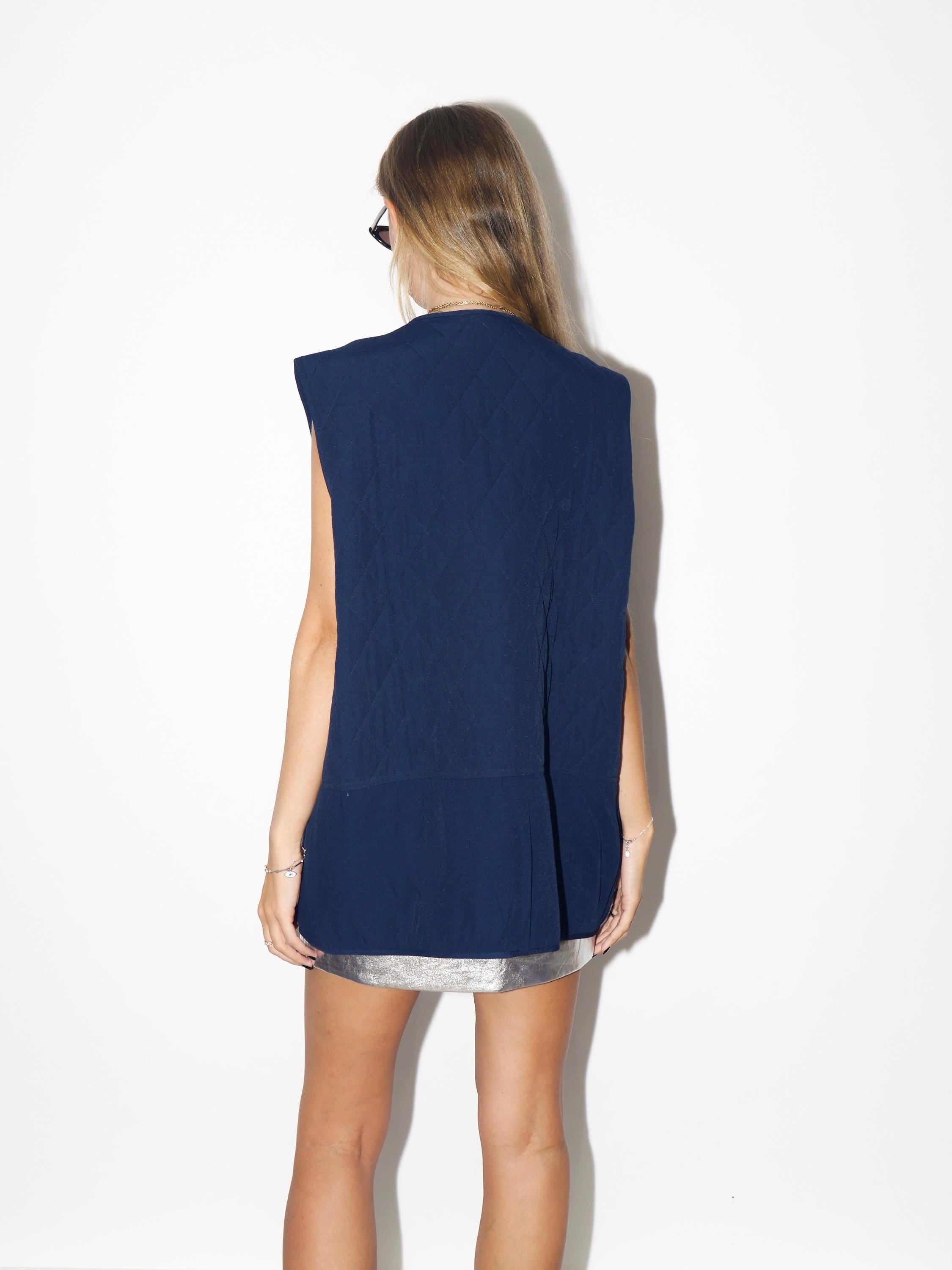 VINTAGE Navy Viscose Blend Quilted Vest From The 1980s With Gold Buttons And Sports Emblem