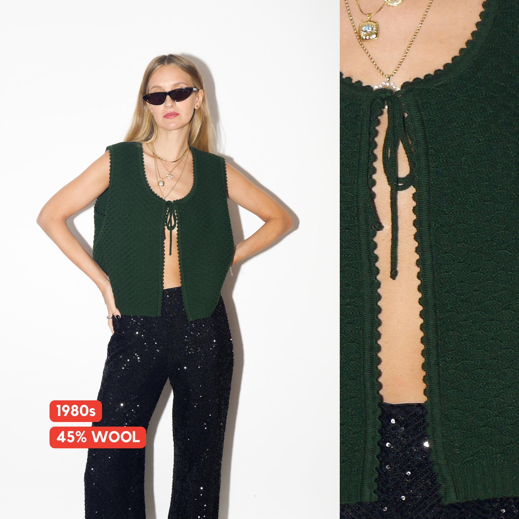 VINTAGE Bottle Green Wool Blend Cropped Oversized Vest From The 1980s By Ein Tanne Modell