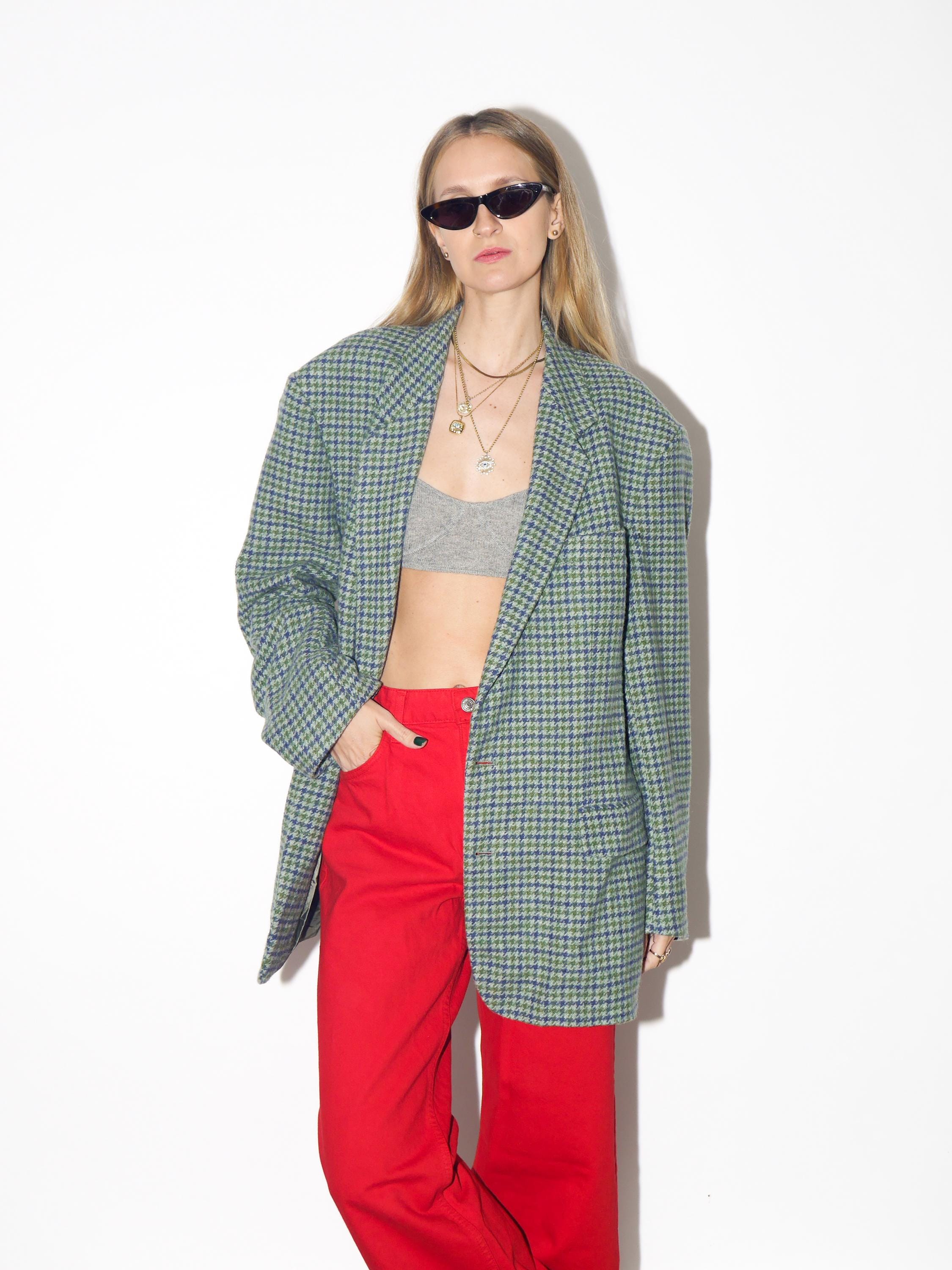 VINTAGE Wool Oversized Green And Gray Houndstooth Blazer From The 1980s