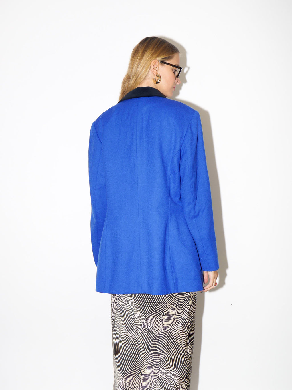 1980s Blue Wool Blazer - Vintage Waisted Blazer with Velour Collar and Buttons by Avance Creation, Retro Fashion Clothing for Women