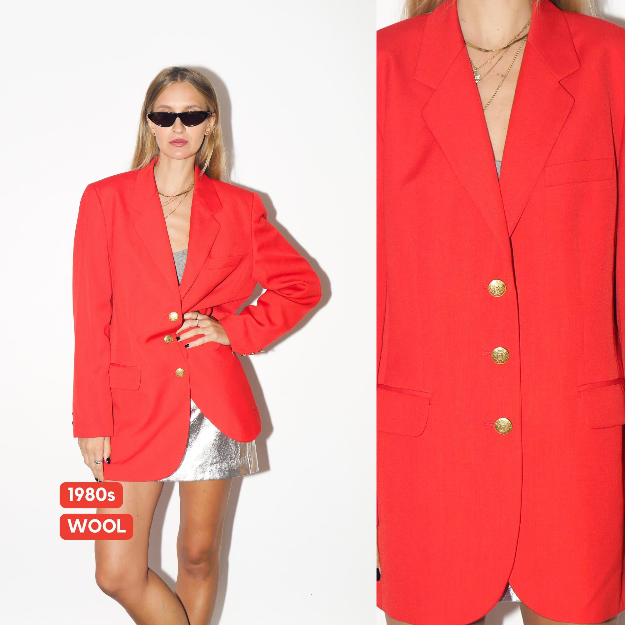 VINTAGE Tomato Red Wool Blazer From The 1980s With Gold Buttons By Hucke