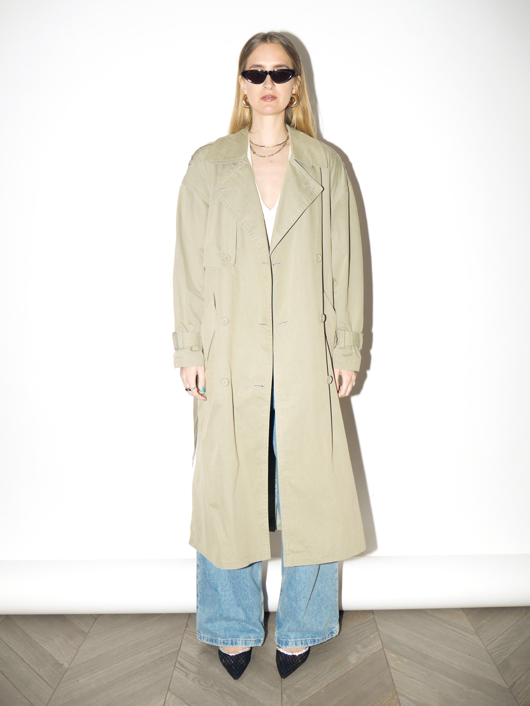 VINTAGE Khaki Maxi Trench Coat from 1980s | Oversized Cotton Trench