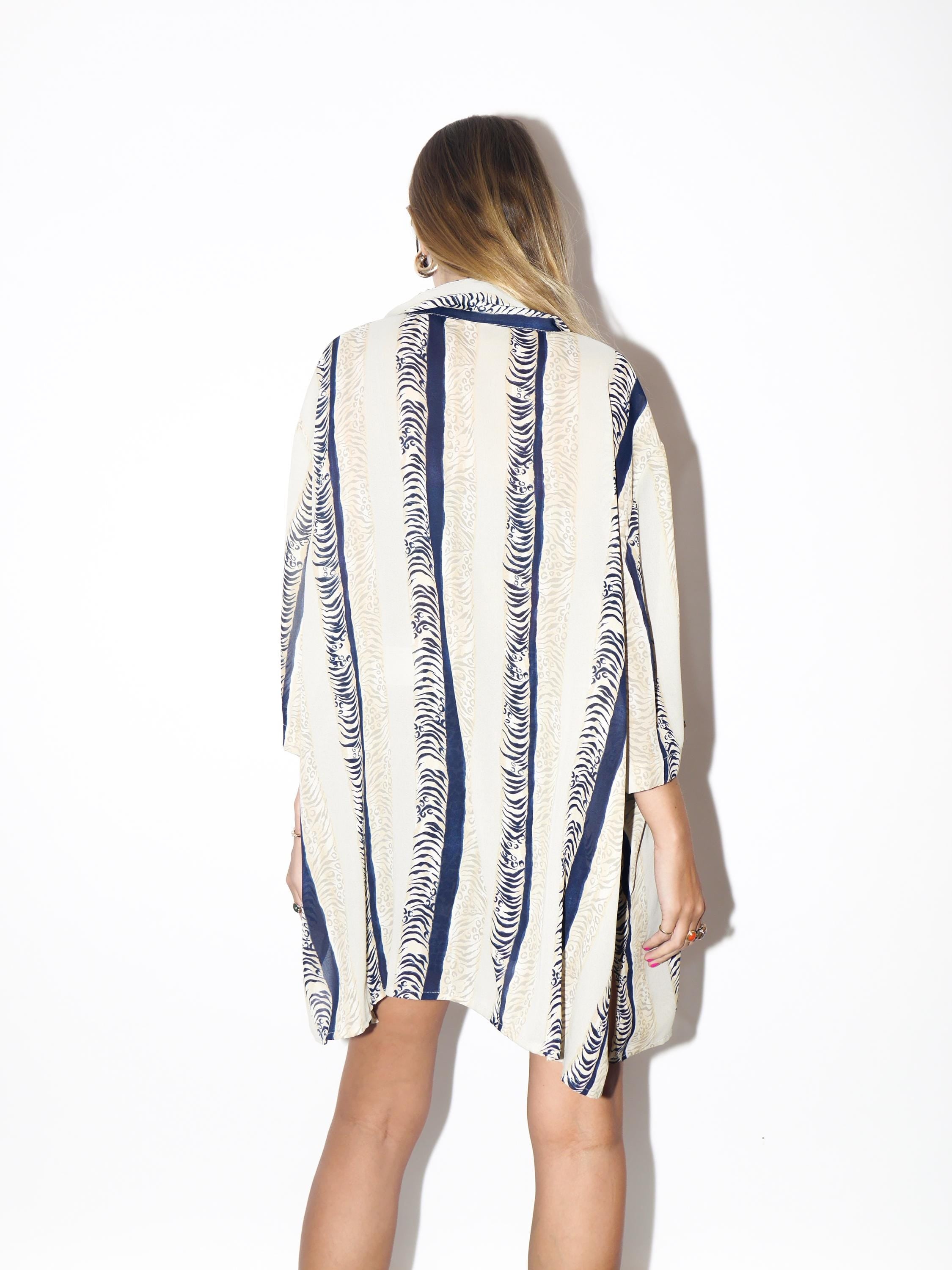 VINTAGE Oversized Beige Semi Sheer Animal Print And Navy Striped Shirt Dress With Opalescent Buttons From The 1980s By Canada