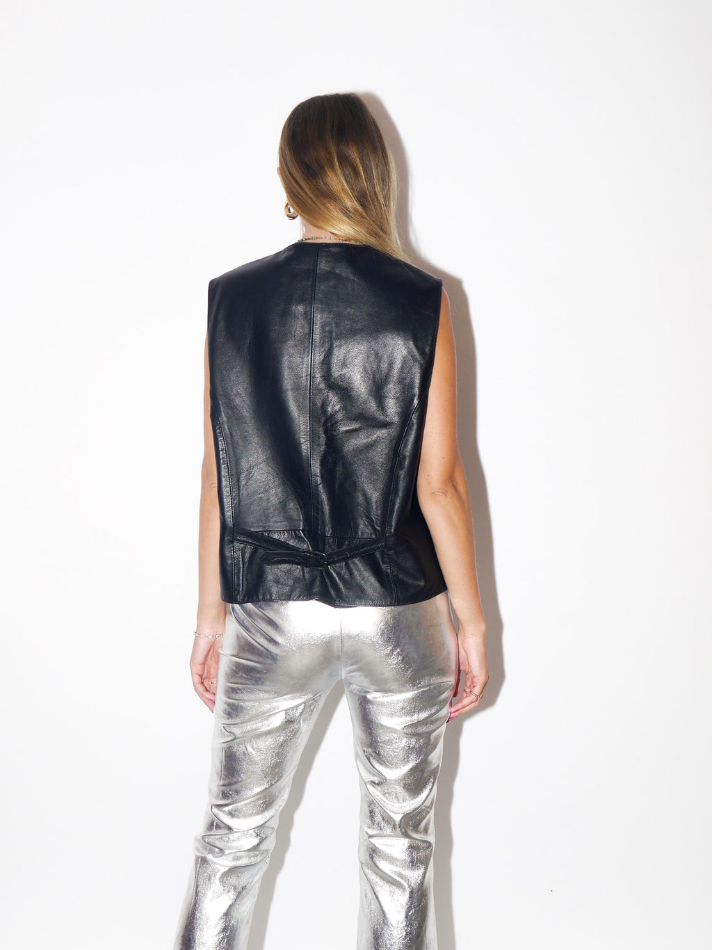 VINTAGE Black Leather Vest With Metal Buttons From The 1980s By Henry Money