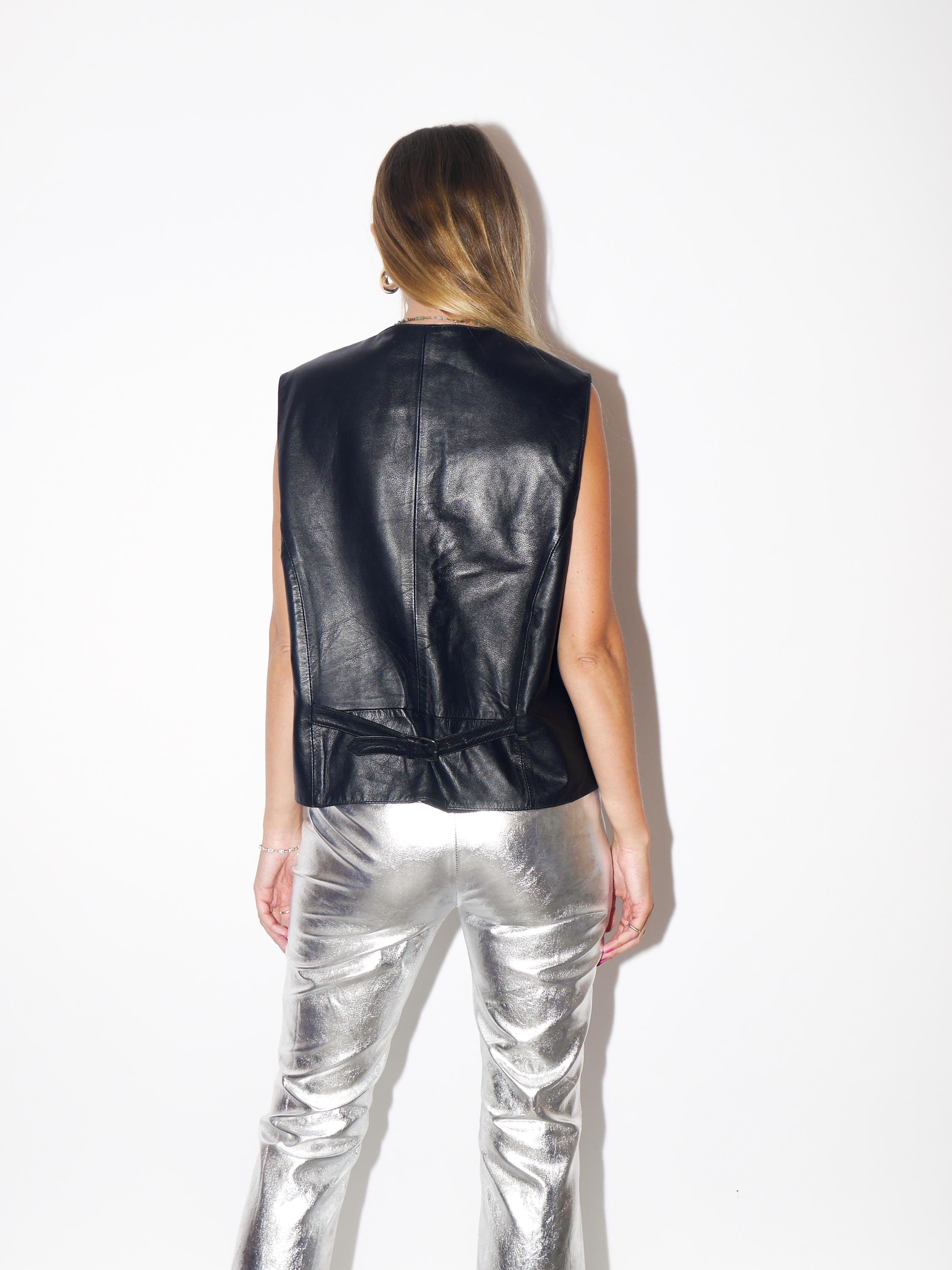 VINTAGE Black Leather Vest With Metal Buttons From The 1980s By Henry Money