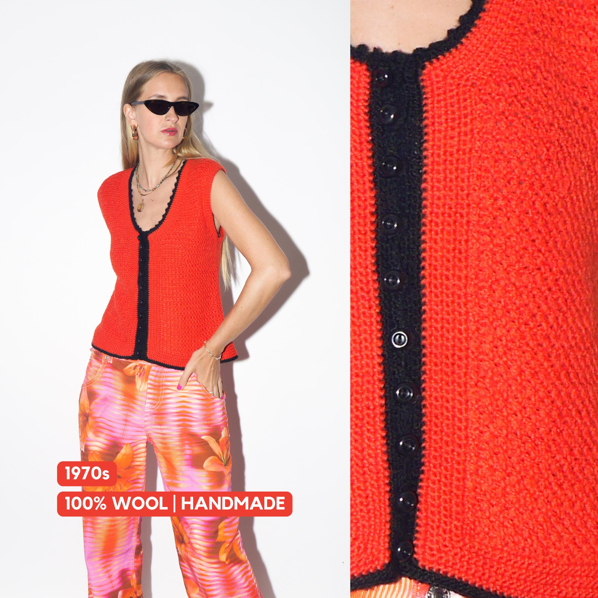 VINTAGE Red 100% Wool Hand-Knitted Vest From 1970s With Black Details And Buttons