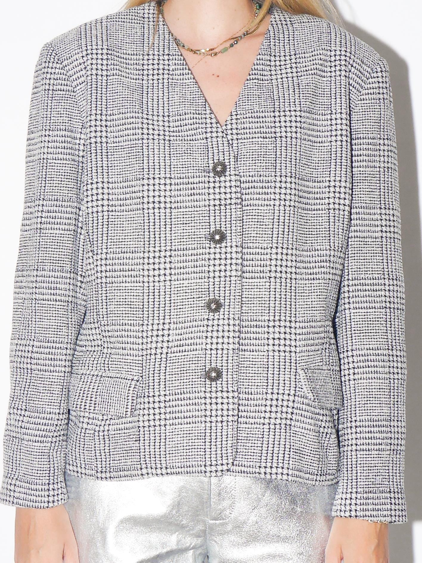VINTAGE Grey Checked Wool Blazer With Glitter Thread And Decorative Buttons From The 1980s (Tailor Made)