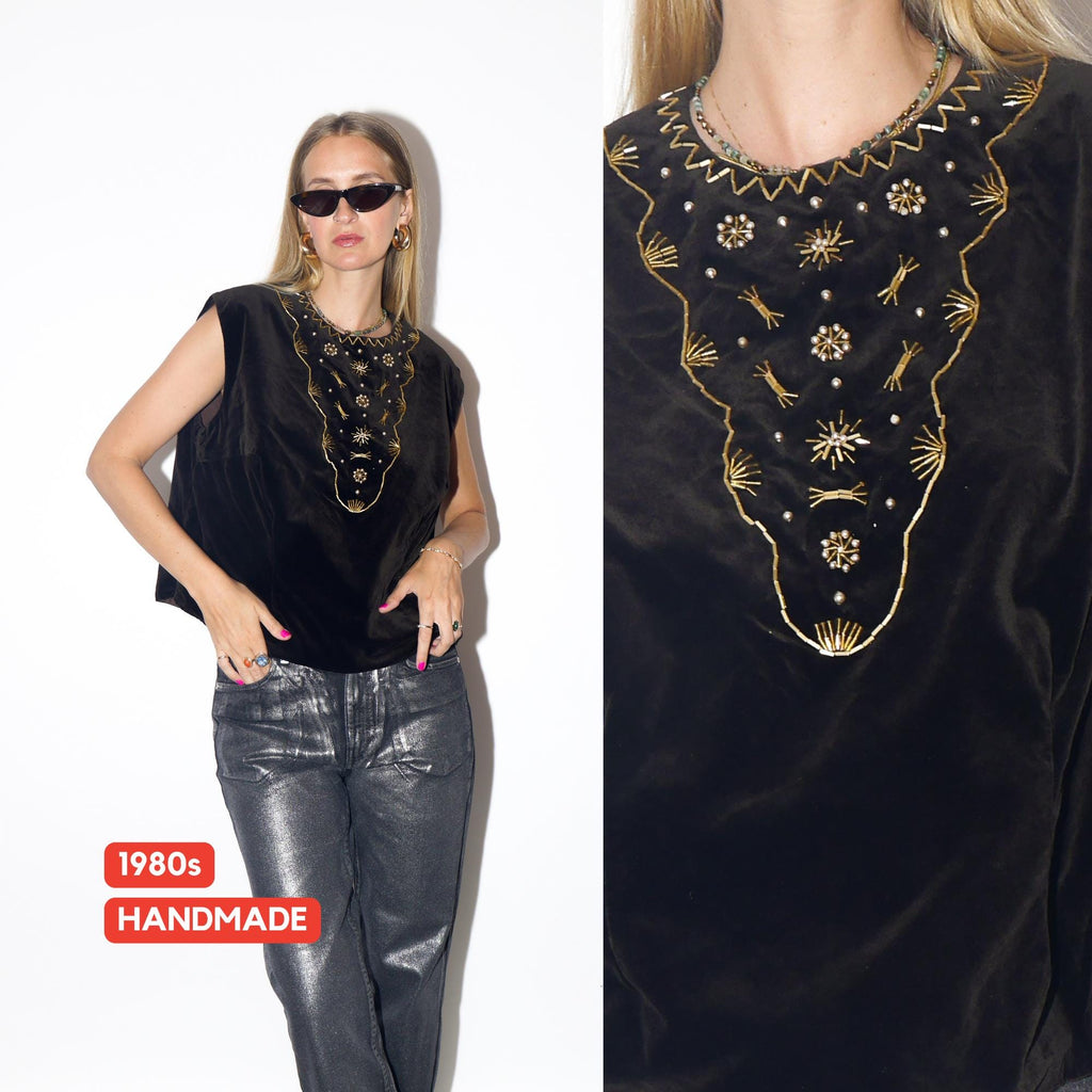 VINTAGE Handmade Velvet Brown Beaded Oversized Sleeveless Blouse Vest From The 1980s