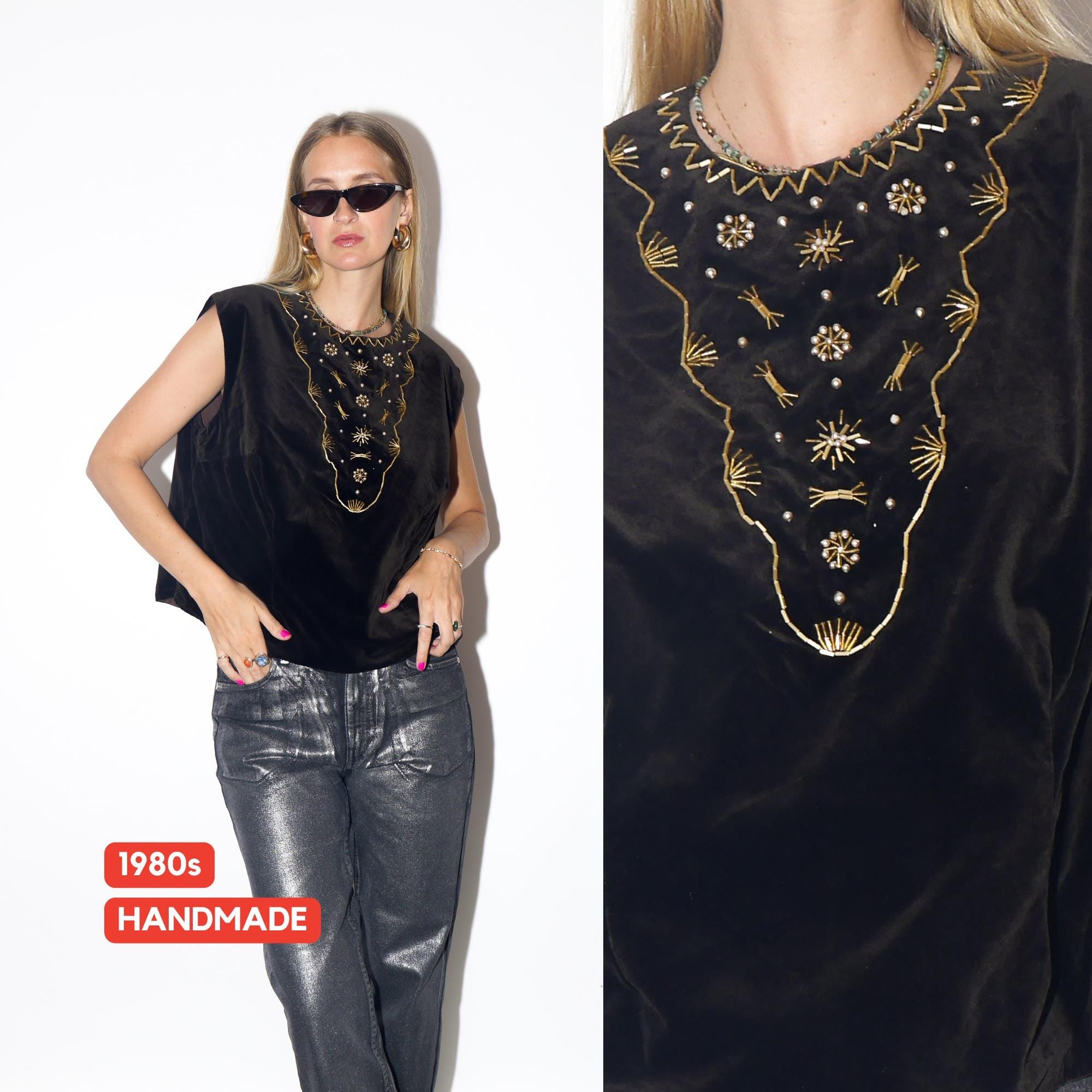 VINTAGE Handmade Velvet Brown Beaded Oversized Sleeveless Blouse Vest From The 1980s