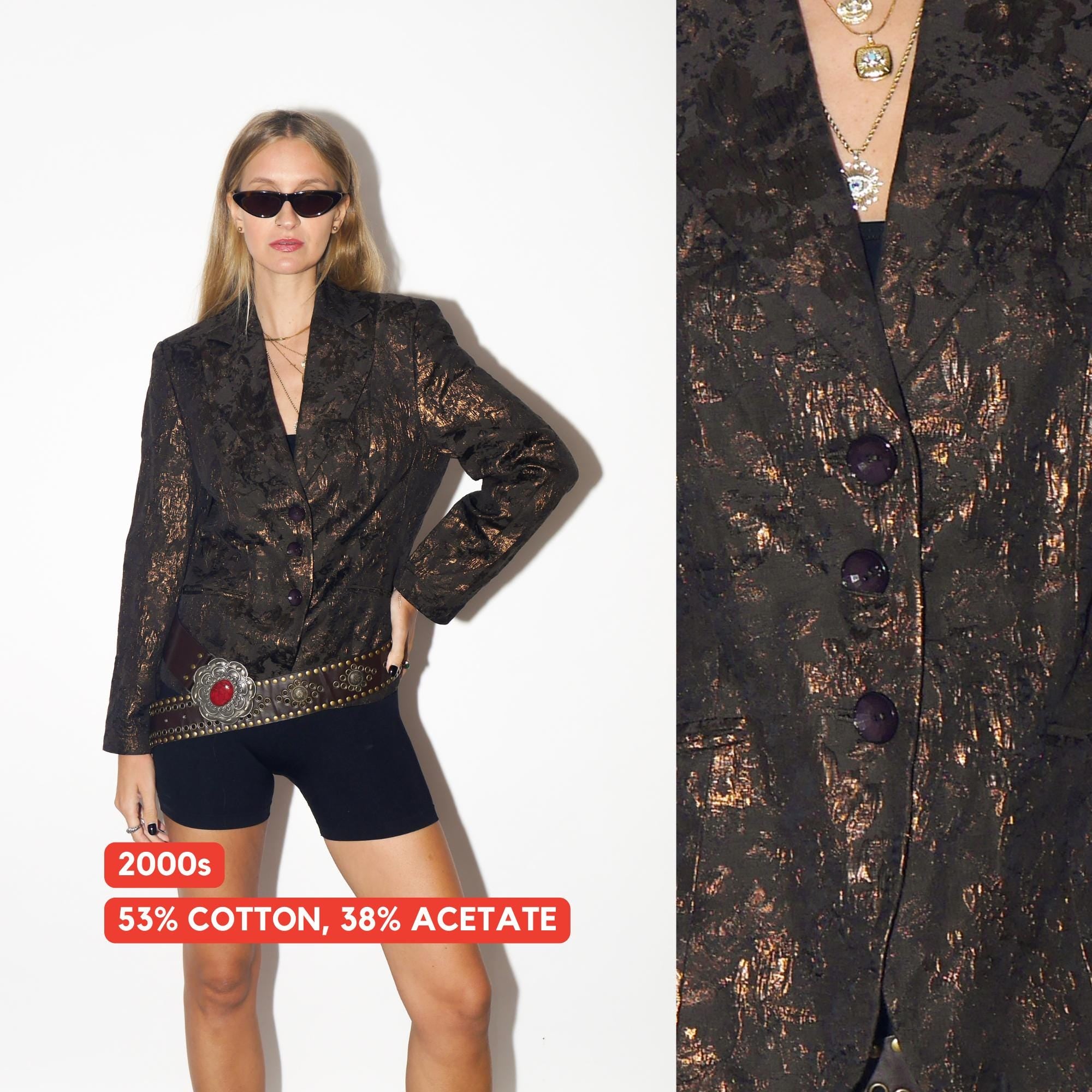VINTAGE Brown Cotton Blend Blazer With Shiny Floral Pattern From The 2000s By Bianca