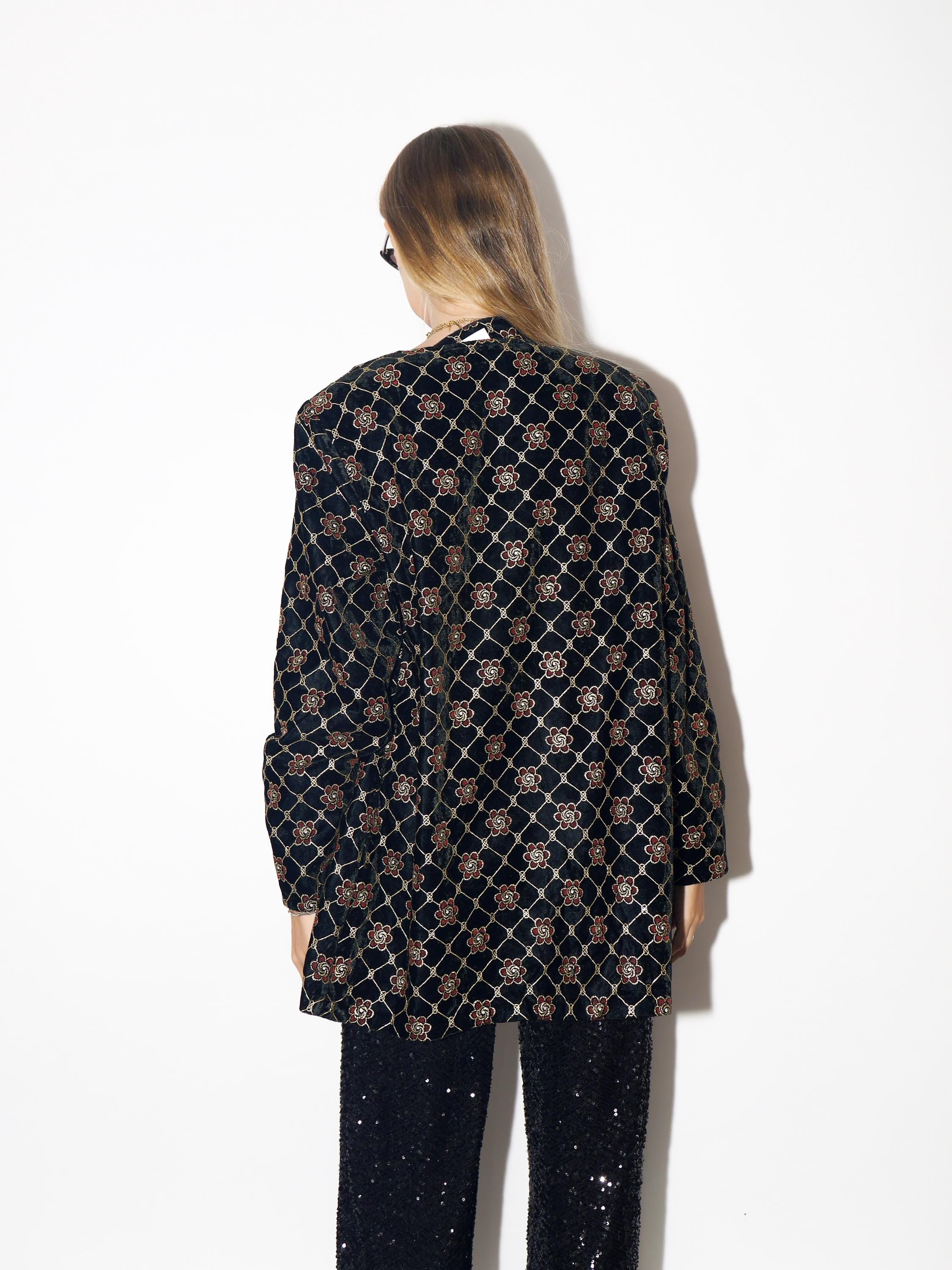 VINTAGE Black Velvet Oversized Blazer With Gold And Red Floral Embroidery From The 1980s By Designer Wear