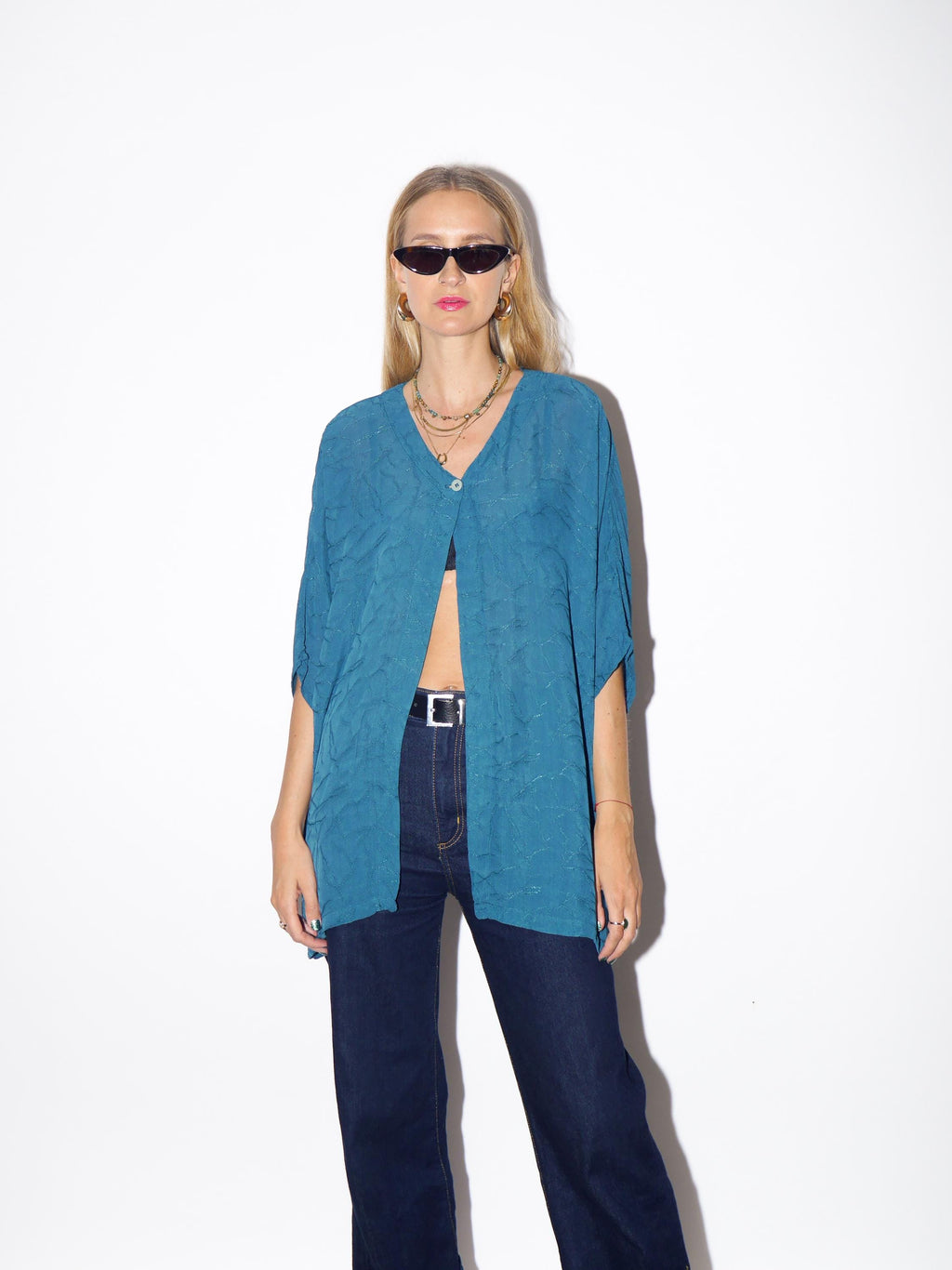 1970s Viscose Blouse - Vintage Turquoise Blue Blouse, Wavy Wrinkled Fabric Shirt, Retro Fashion Clothing for Women