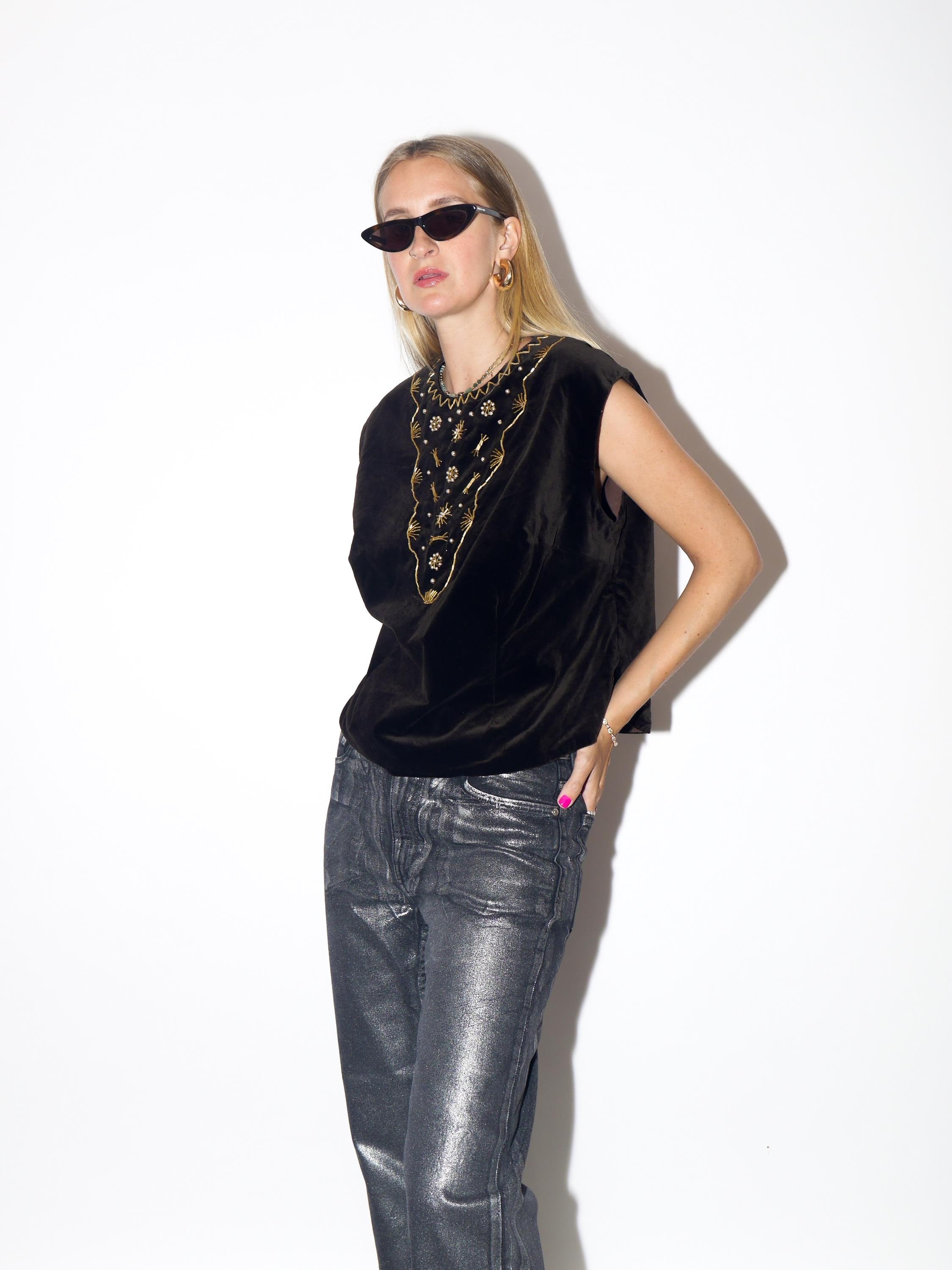 VINTAGE Handmade Velvet Brown Beaded Oversized Sleeveless Blouse Vest From The 1980s