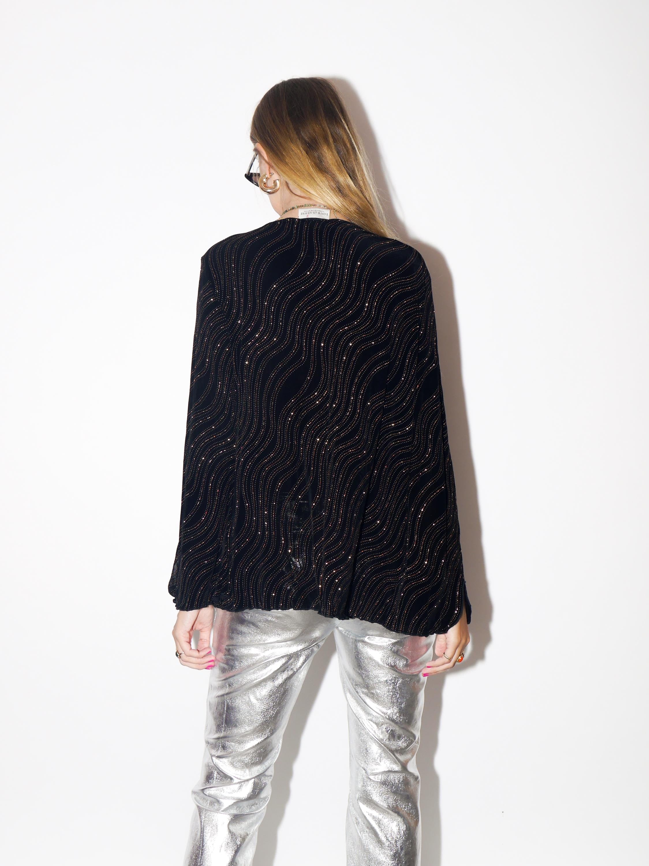 VINTAGE Black Long Sleeve Blouse With Copper Wavy Print And Slit Sleeves From The 1980s By Your Sixth Sense