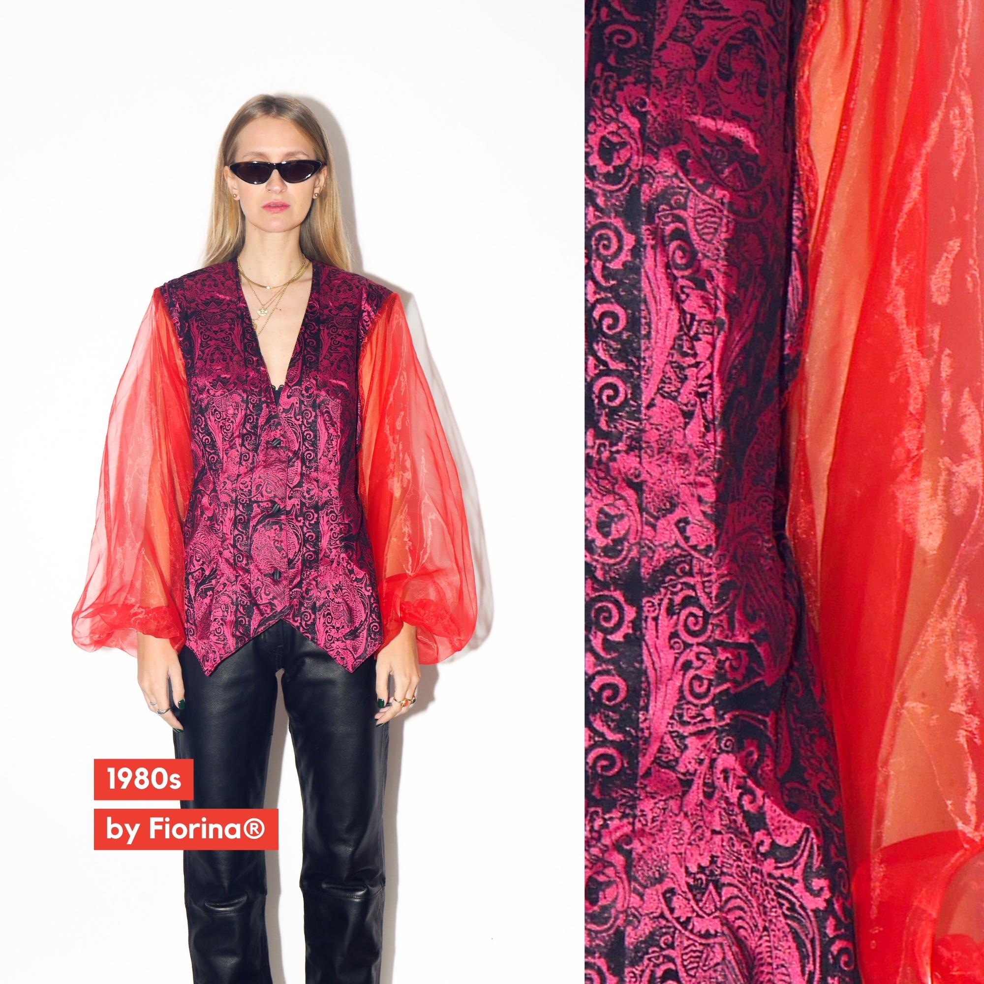 VINTAGE Black And Pink Velvet Oversized Blouse With Sheer Red Sleeves From The 1980s By Fiorina