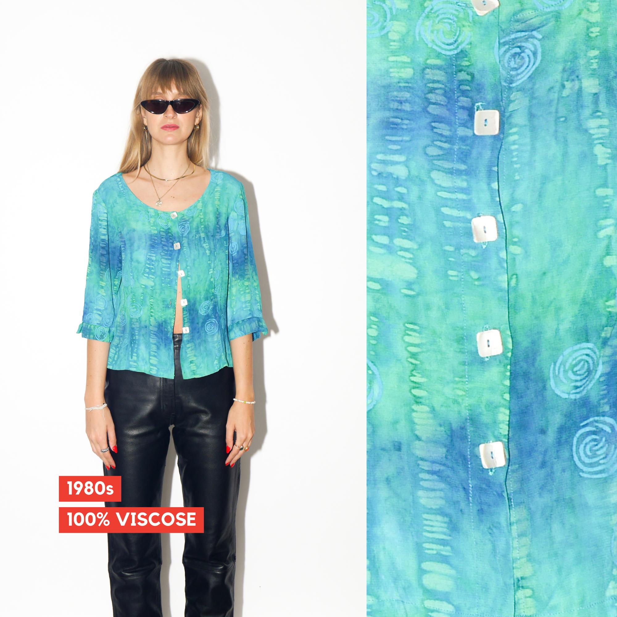 VINTAGE Green And Blue Tie‑Dye Viscose Blouse With Opalised Buttons From The 1980s By Unikat