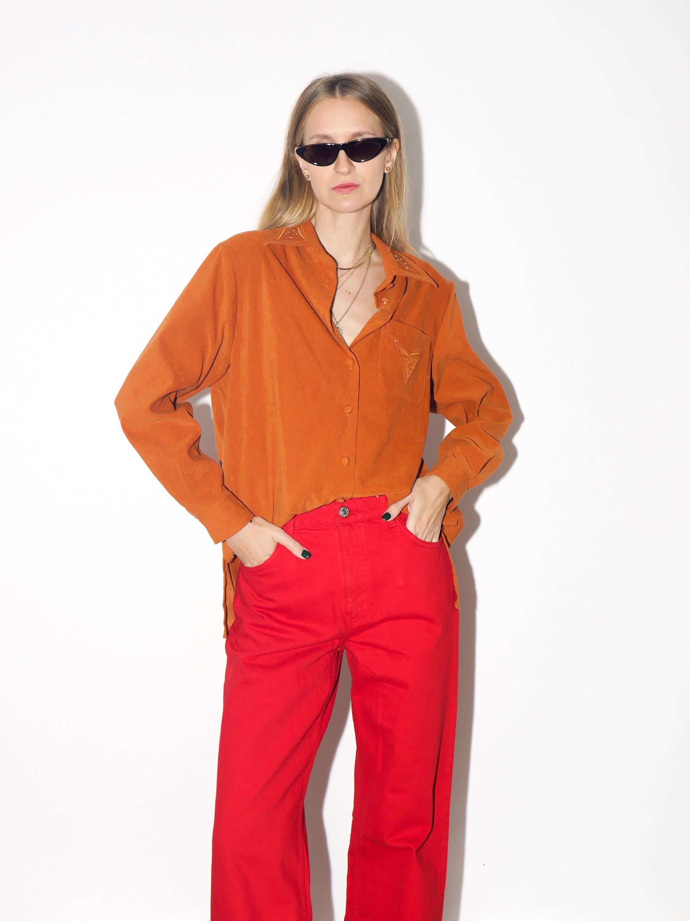 VINTAGE Rust Orange Embroidered Button Down Blouse From The 1980s