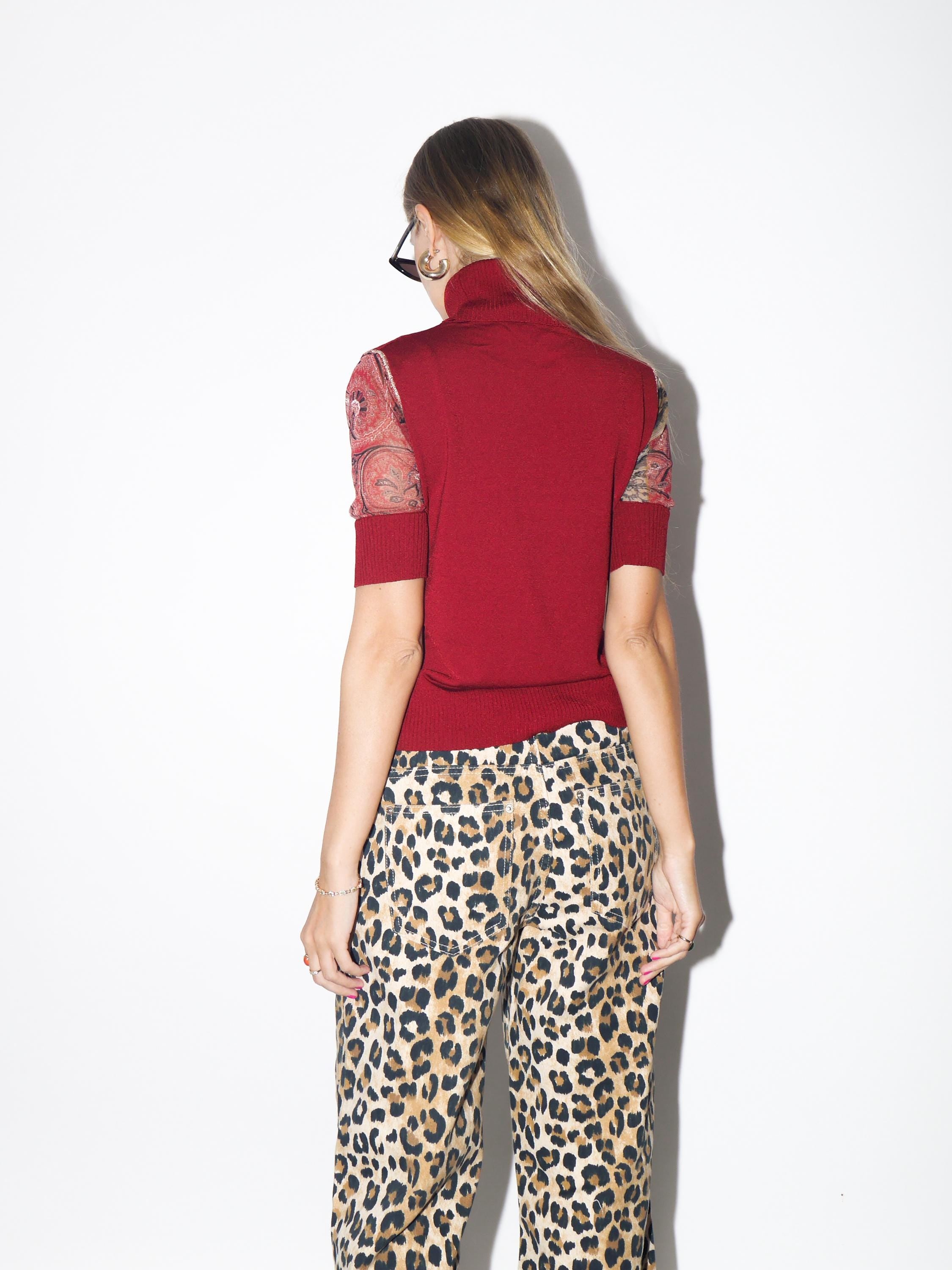 VINTAGE Deep Red Viscose Turtleneck Short Sleeve Blouse With Sheer Sleeves And Animal Print Accents From The 1980s By Betty Barclay