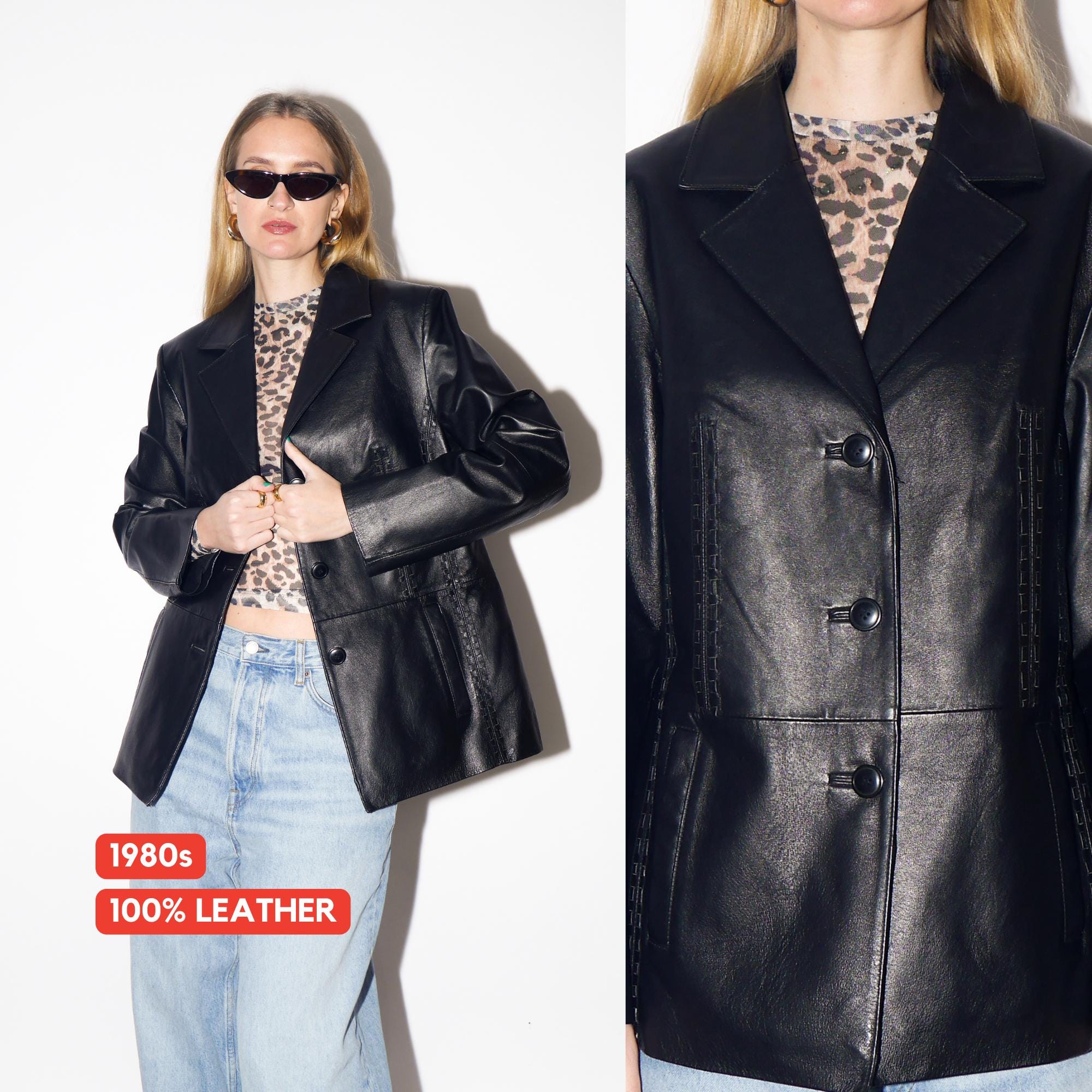 VINTAGE Black Leather Jacket from 1980s | Vintage Black Leather Oversize Blazer
