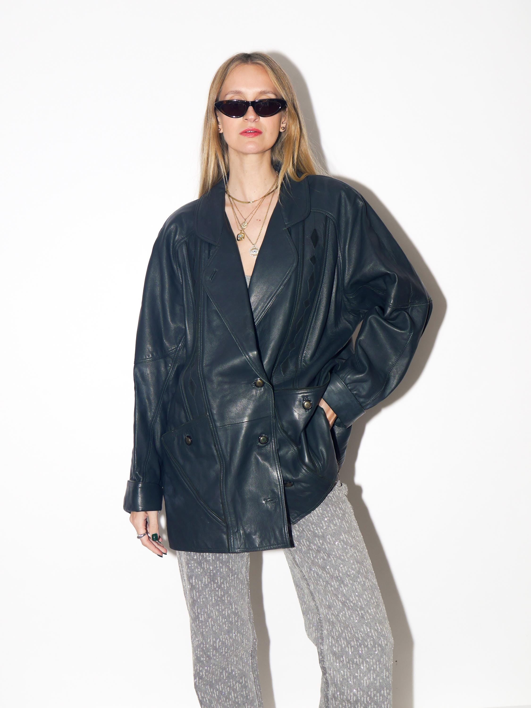 VINTAGE Dark Green Leather Jacket From The 1980s