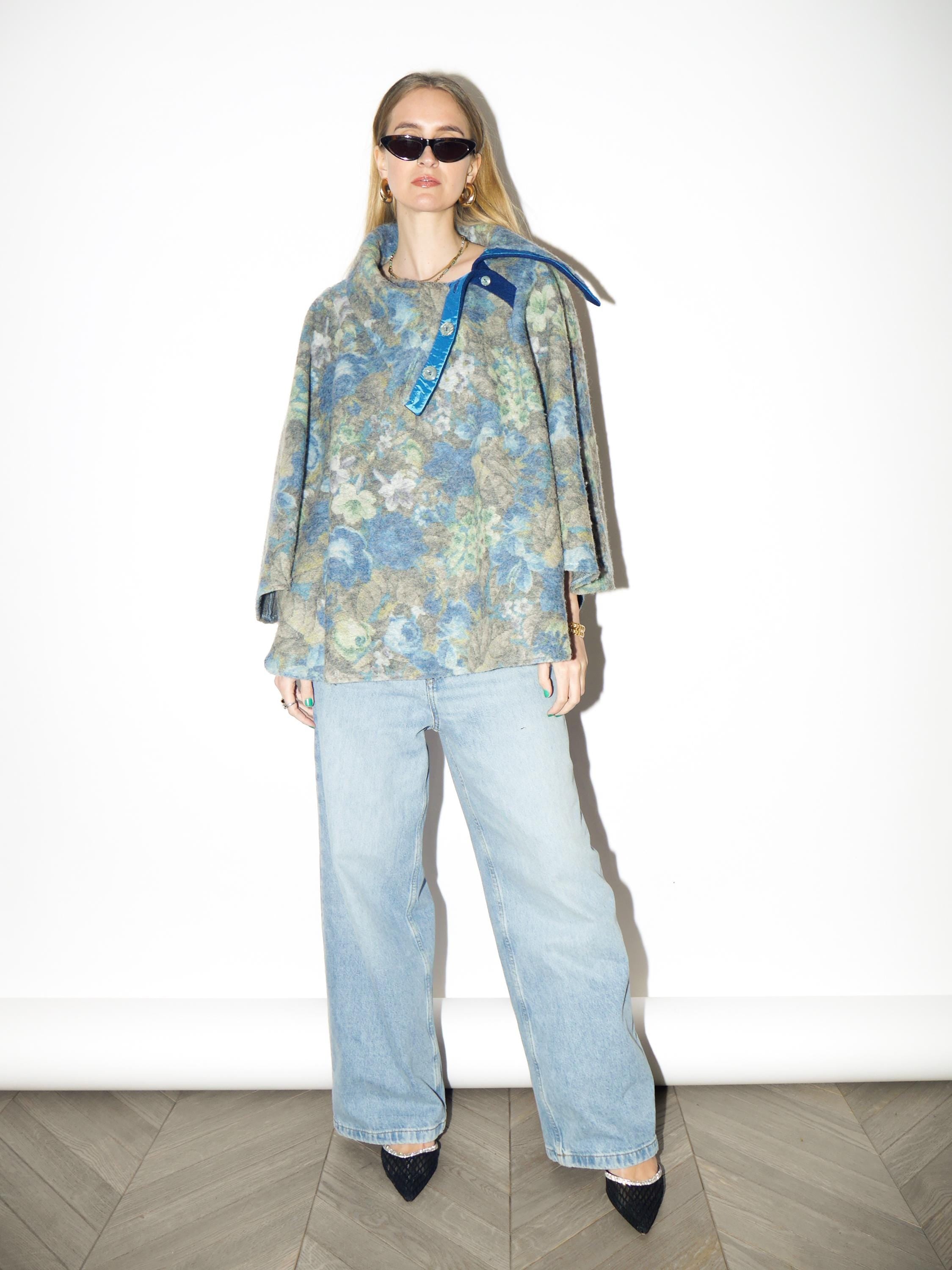 VINTAGE Blue 100% Wool Poncho with Floral Pattern | Handmade Warm Retro Poncho