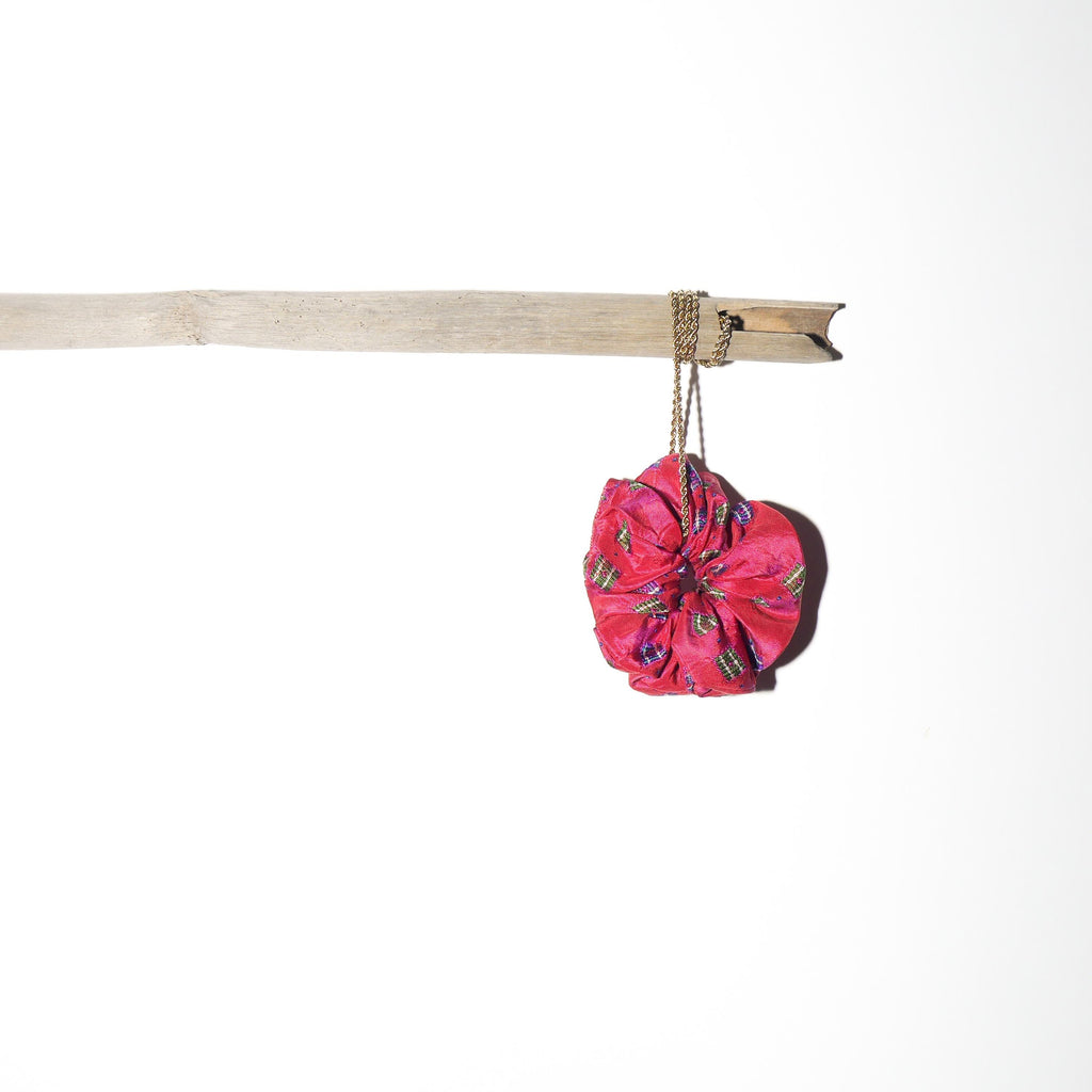 Handmade 100% Silk Scrunchie from Vintage 1980s Tie by MODOPOL - Red with Blue Squares