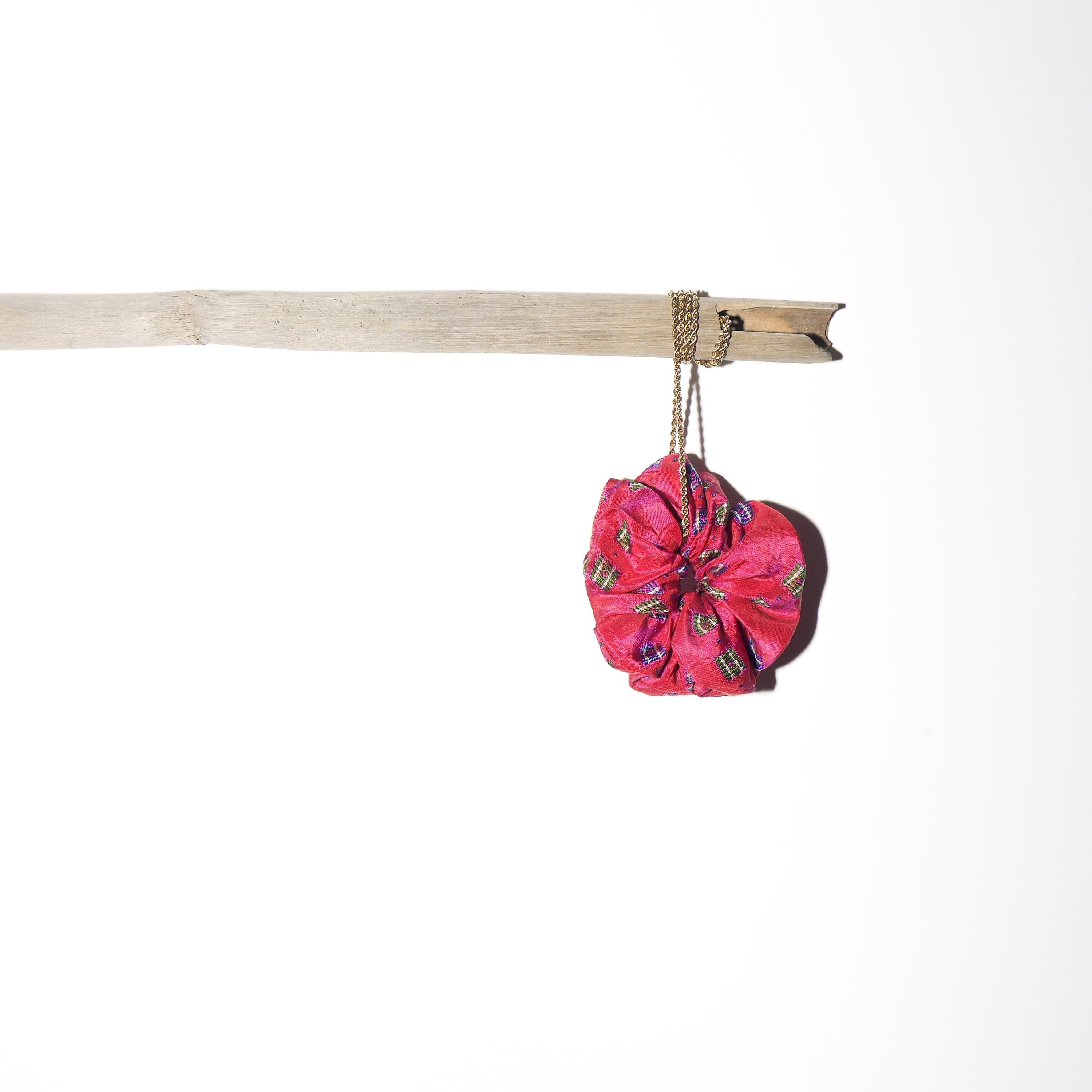 Handmade 100% Silk Scrunchie from Vintage 1980s Tie by MODOPOL - Red with Blue Squares