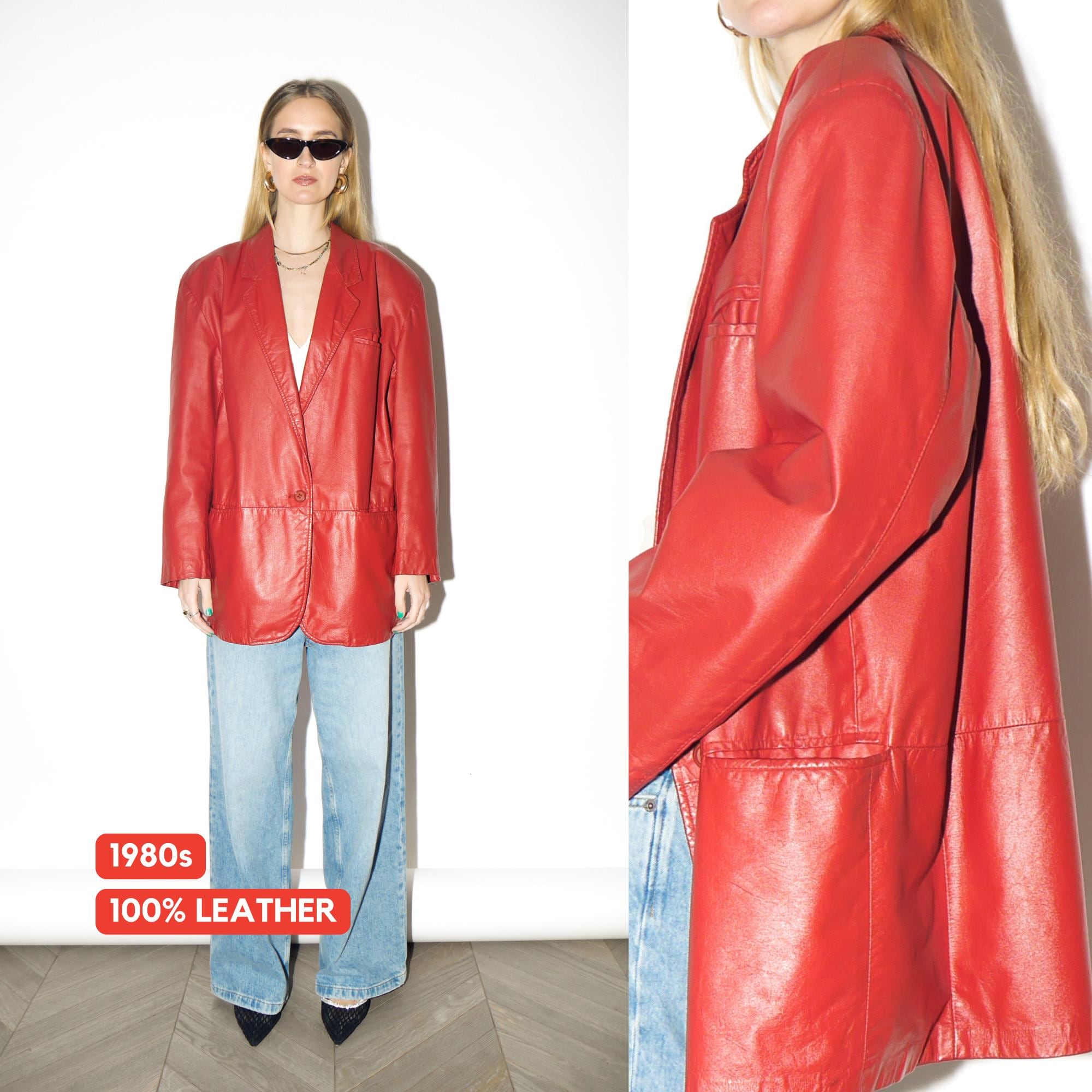 VINTAGE Red Leather Blazer from 1980s | Oversized Red Leather Jacket