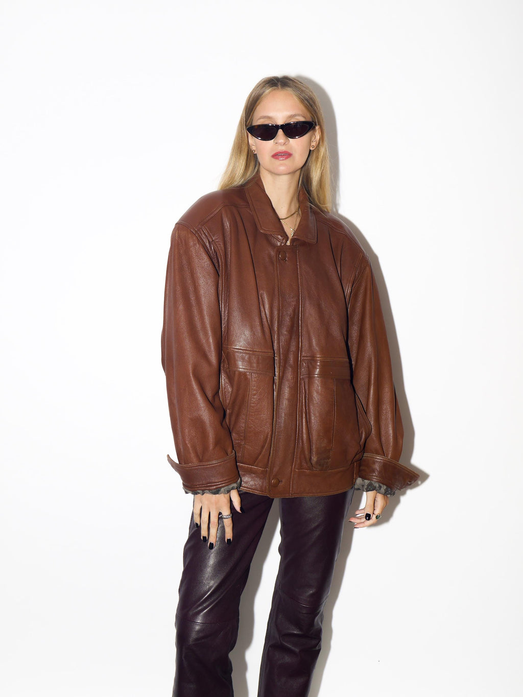 VINTAGE Cognac Leather Oversized Jacket From 1980s With Shoulder Pads By Chock Leather Center