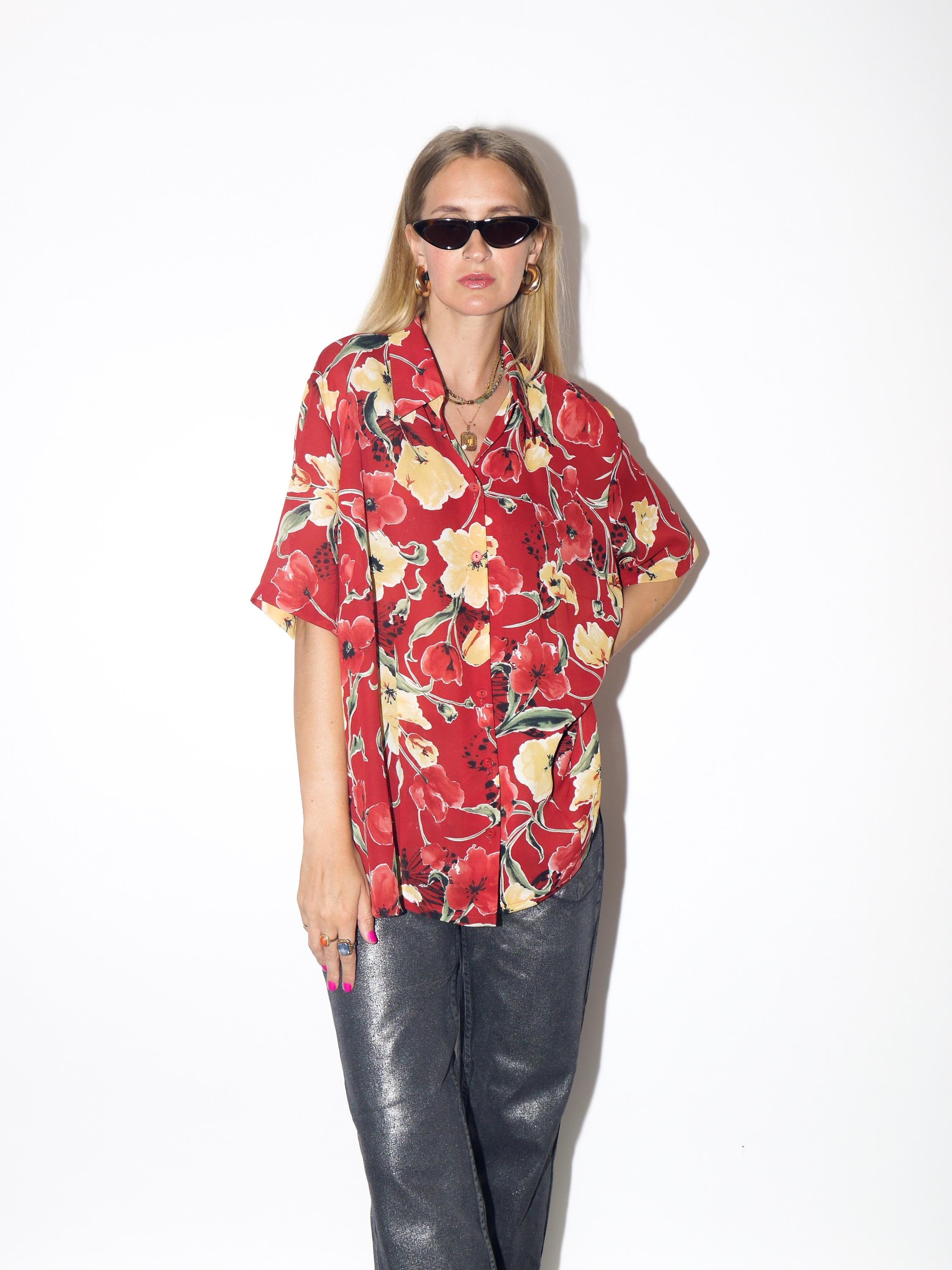 VINTAGE Red And Yellow Tulip Floral Sheer Short Sleeve Shirt Blouse From The 1990s By Basler